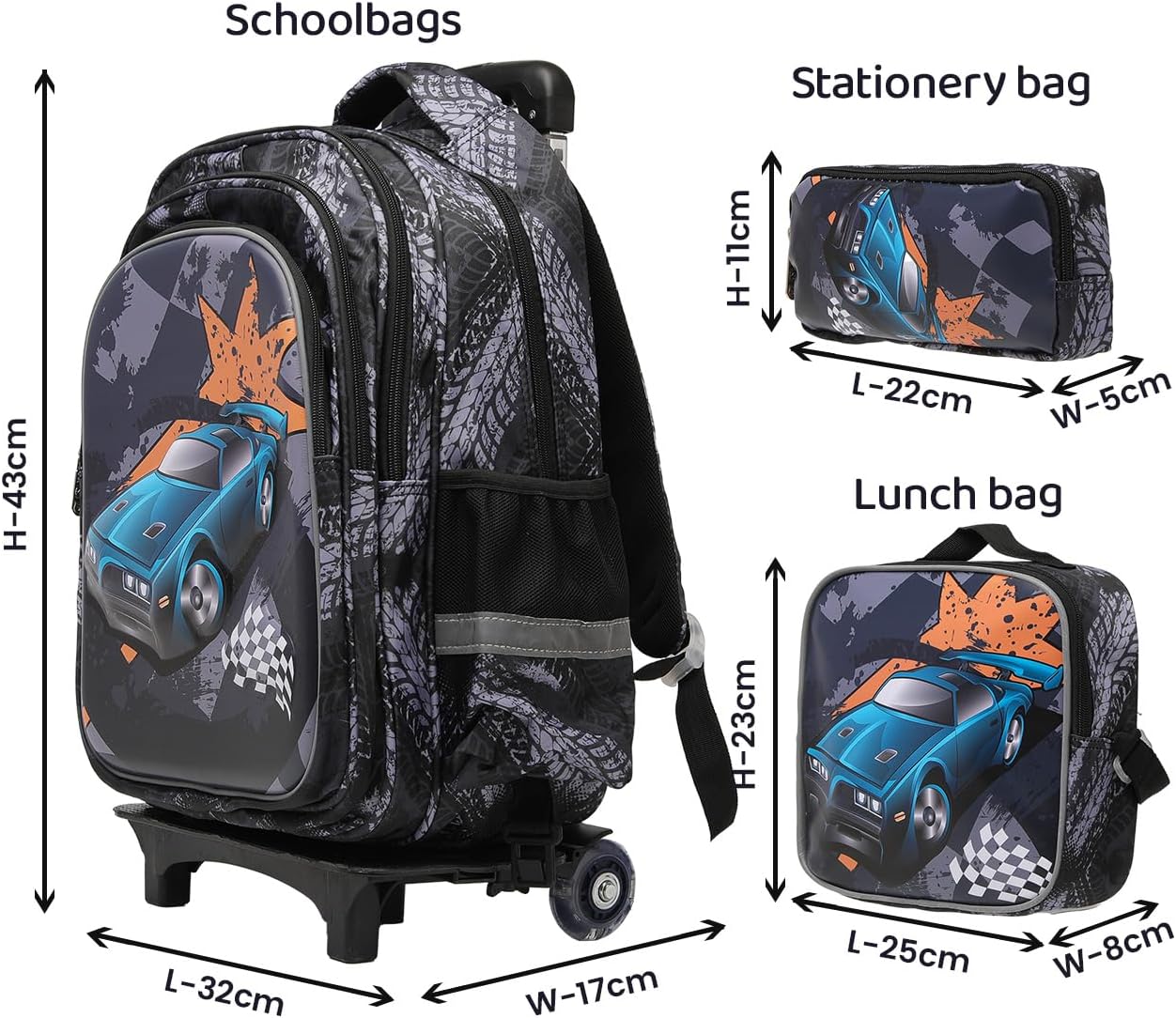Lucky Kids Children Large Rolling School Bag Student Trolley School Bags with Lunch Bag, Pencil Box Wheeled Backpack Bag Set for Kids