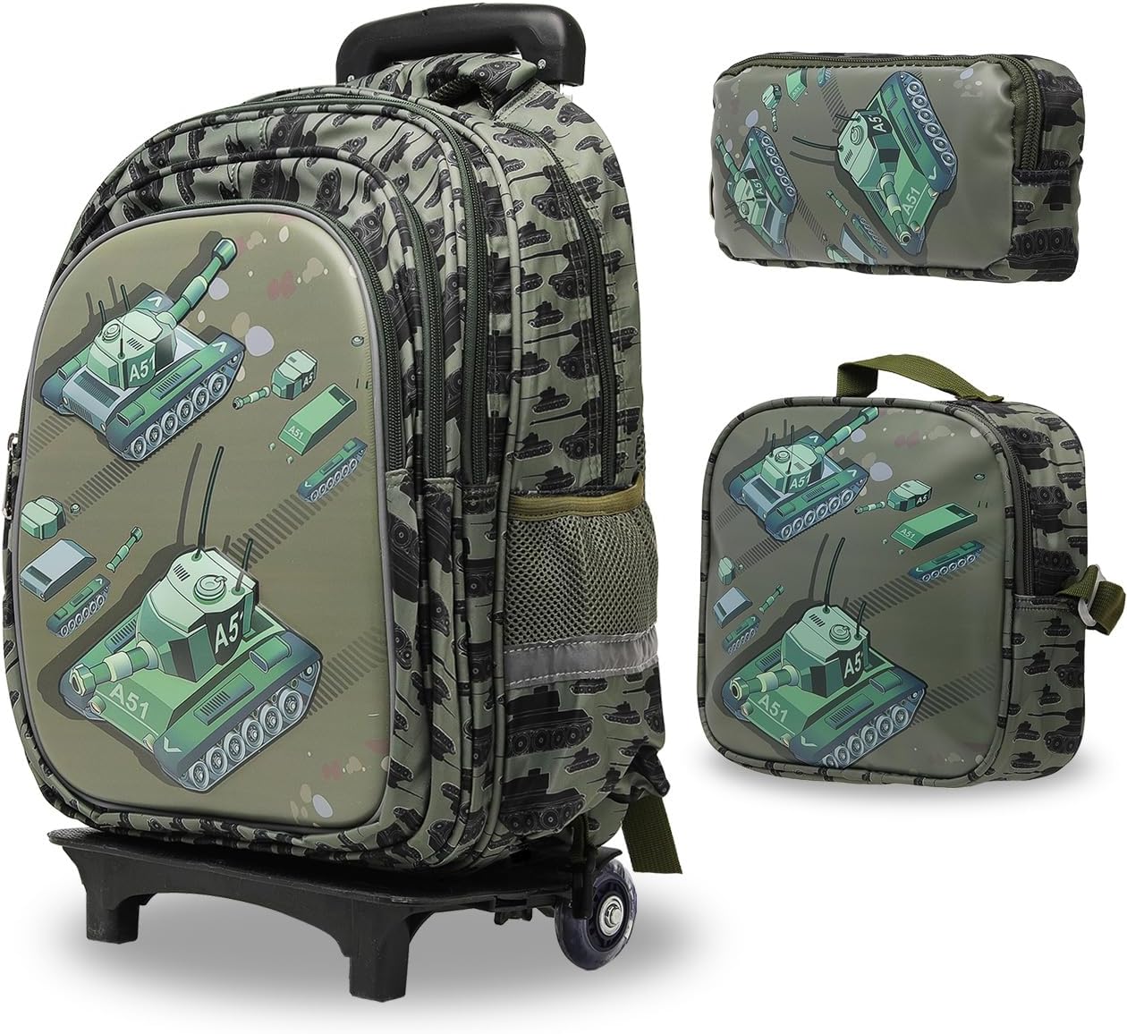 Lucky Kids Children Large Rolling School Bag Student Trolley School Bags with Lunch Bag, Pencil Box Wheeled Backpack Bag Set for Kids