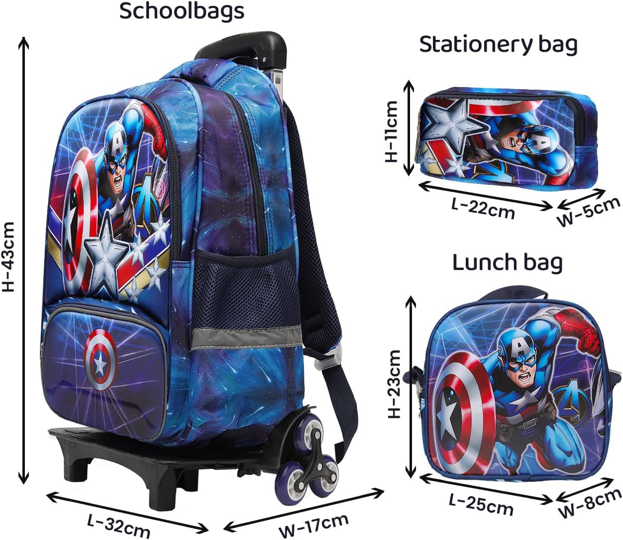 Lucky Kids Children Large Rolling School Bag Student Trolley School Bags with Lunch Bag, Pencil Box Wheeled Backpack Bag Set for Kids