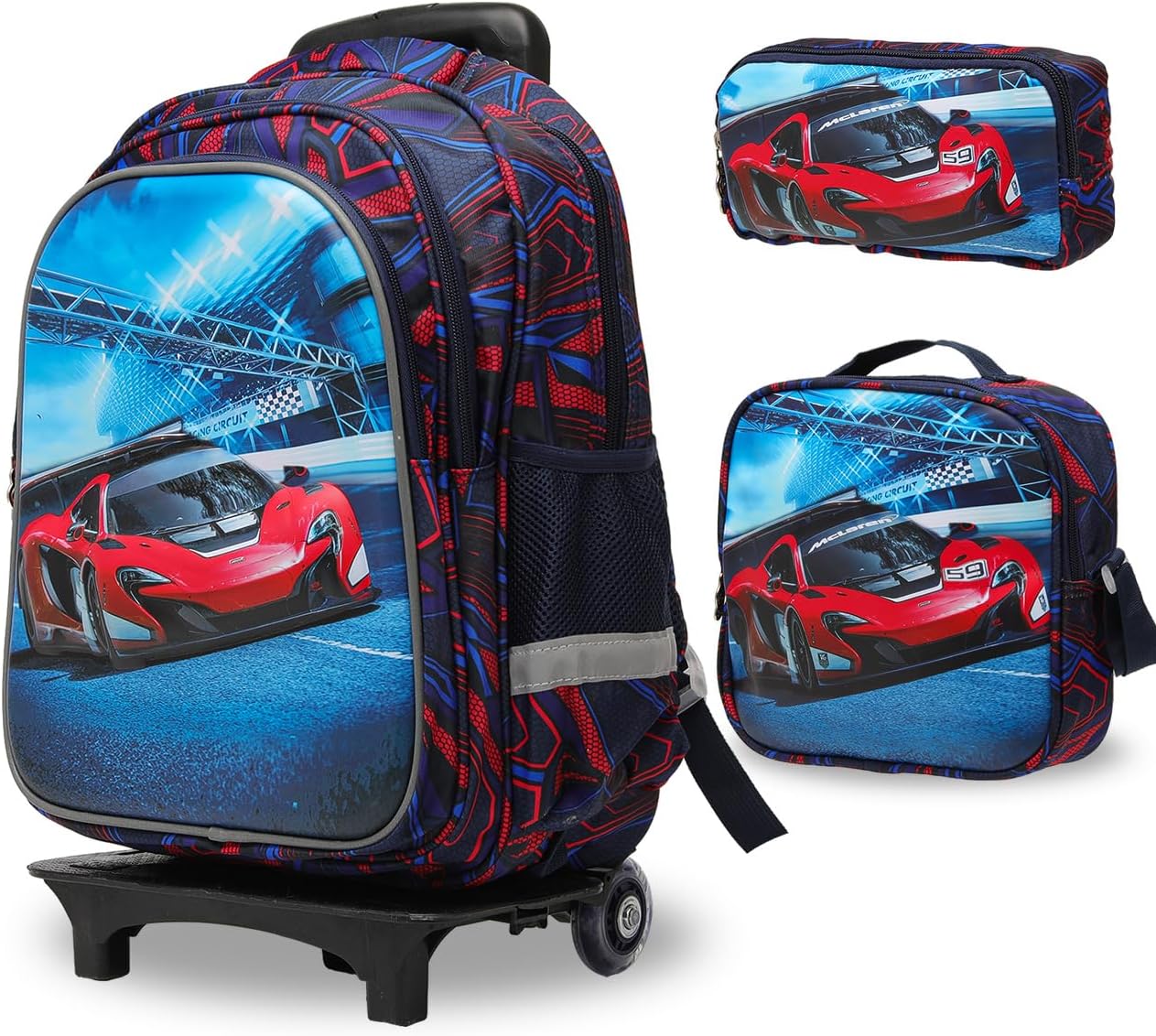 Lucky Kids Children Large Rolling School Bag Student Trolley School Bags with Lunch Bag, Pencil Box Wheeled Backpack Bag Set for Kids