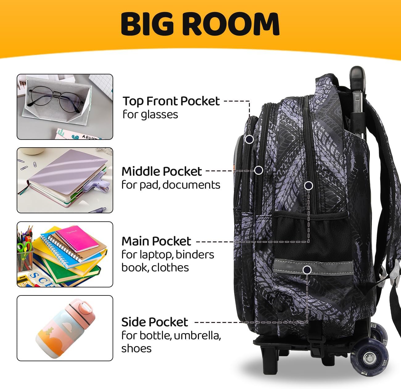Lucky Kids Children Large Rolling School Bag Student Trolley School Bags with Lunch Bag, Pencil Box Wheeled Backpack Bag Set for Kids