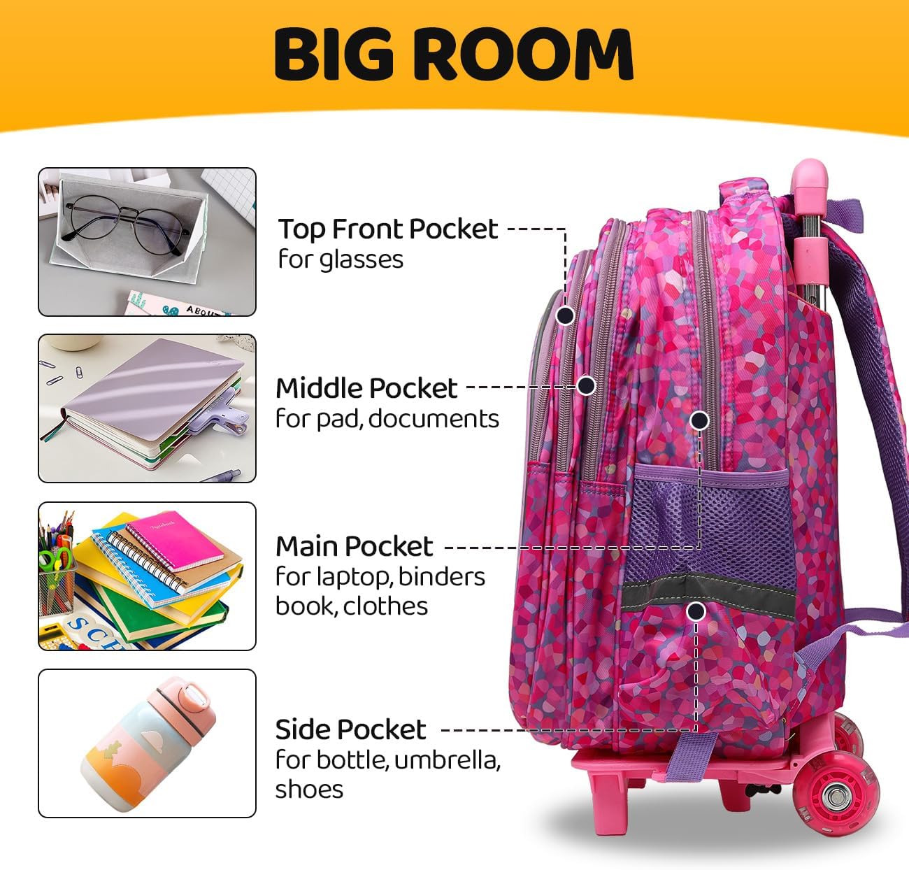 Rolling Backpack with Wheels for girls 43cm with Lunch Bag and Pencil Case, Lightweight School Bookbags for Kids