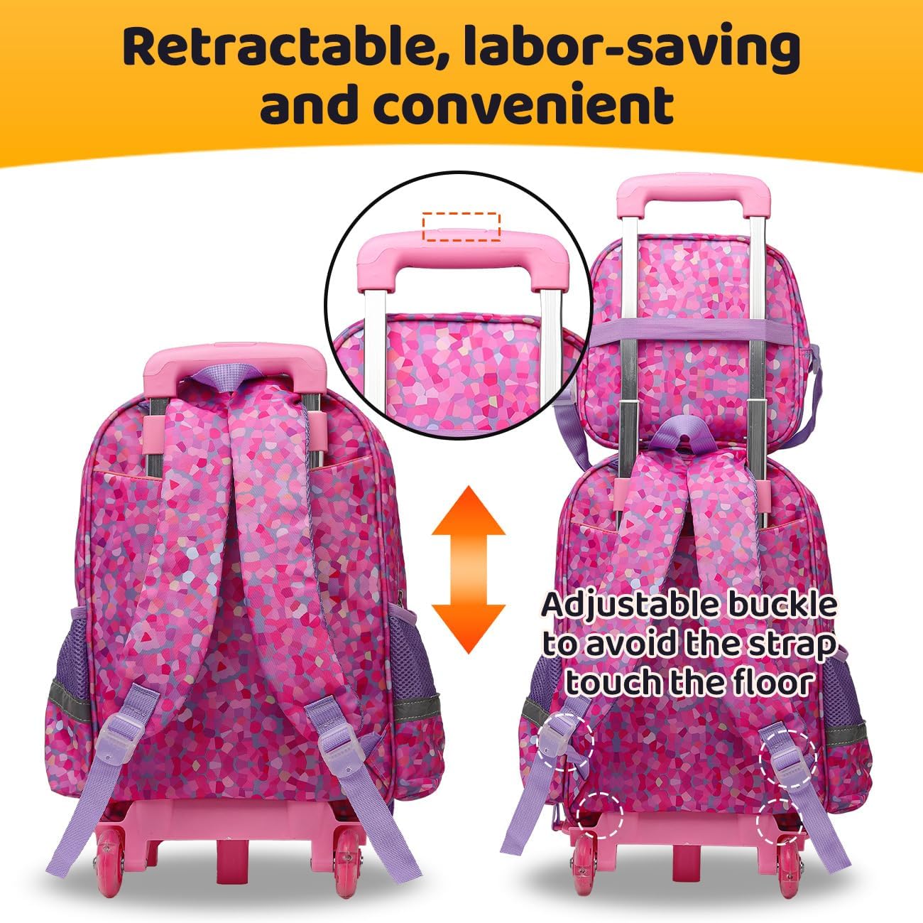 Rolling Backpack with Wheels for girls 43cm with Lunch Bag and Pencil Case, Lightweight School Bookbags for Kids