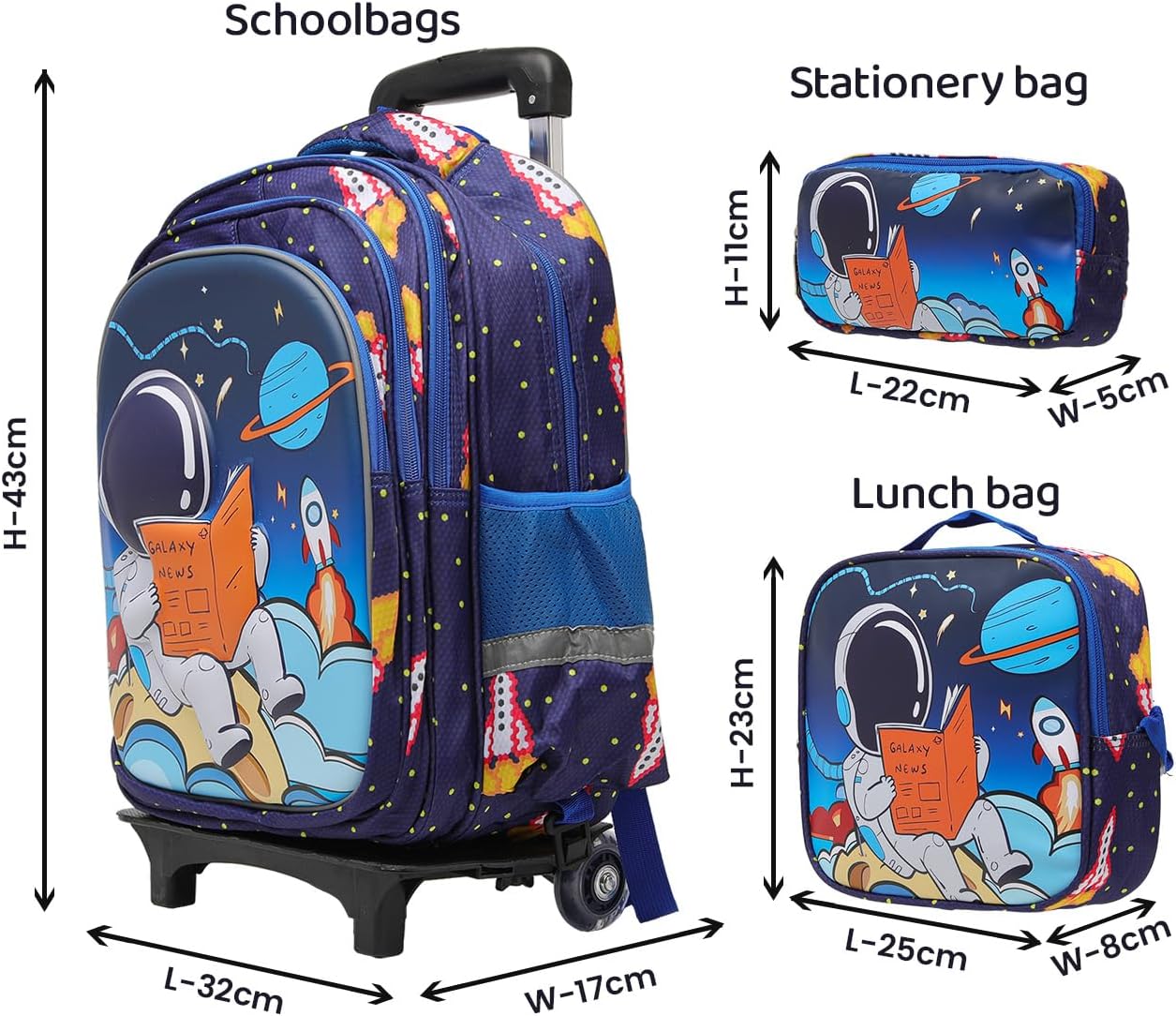 Lucky Kids Children Large Rolling School Bag Student Trolley School Bags with Lunch Bag, Pencil Box Wheeled Backpack Bag Set for Kids