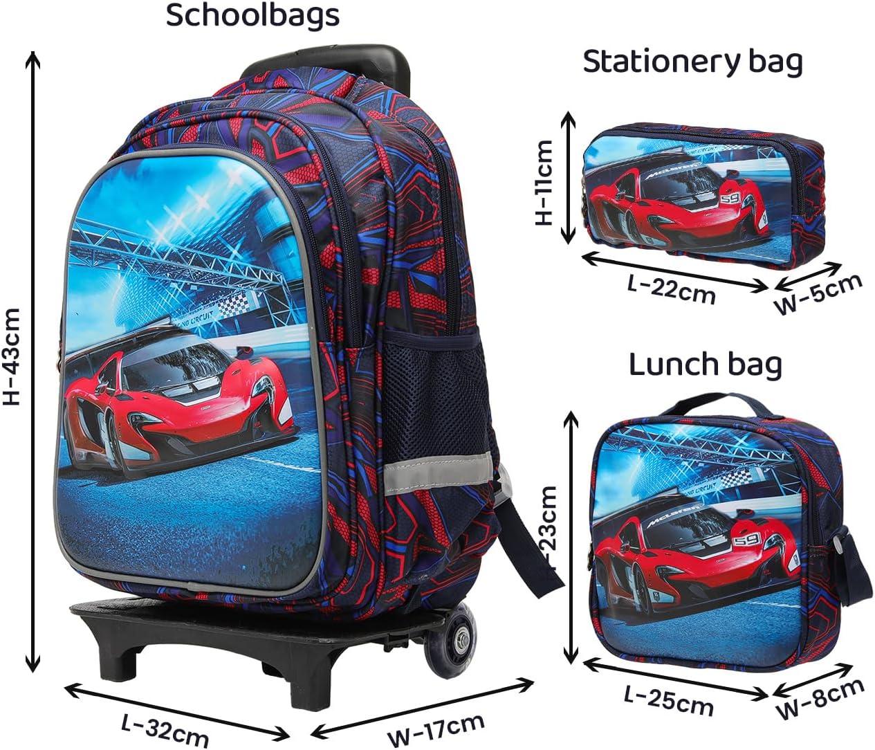 Lucky Kids Children Large Rolling School Bag Student Trolley School Bags with Lunch Bag, Pencil Box Wheeled Backpack Bag Set for Kids