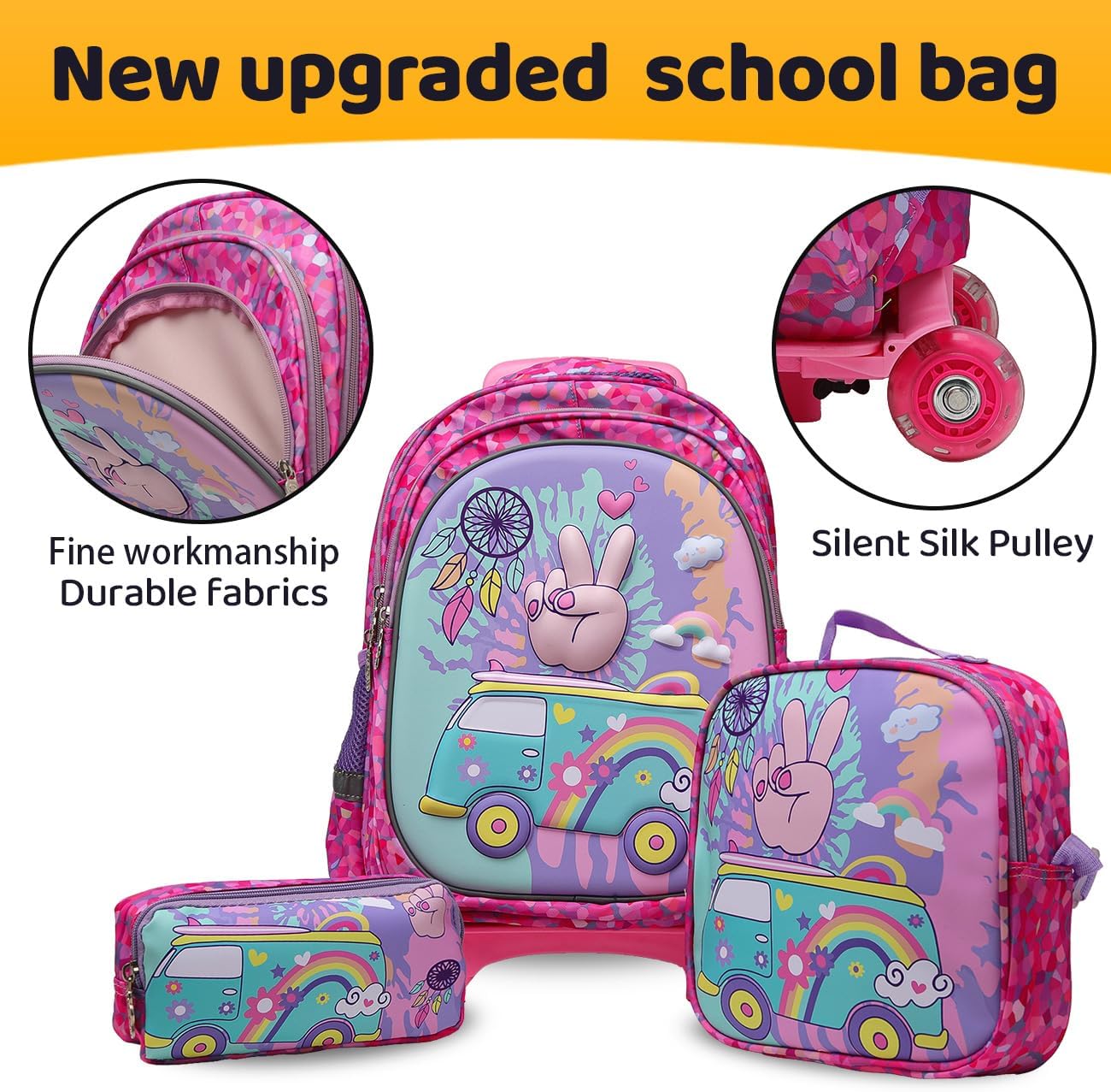 Rolling Backpack with Wheels for girls 43cm with Lunch Bag and Pencil Case, Lightweight School Bookbags for Kids