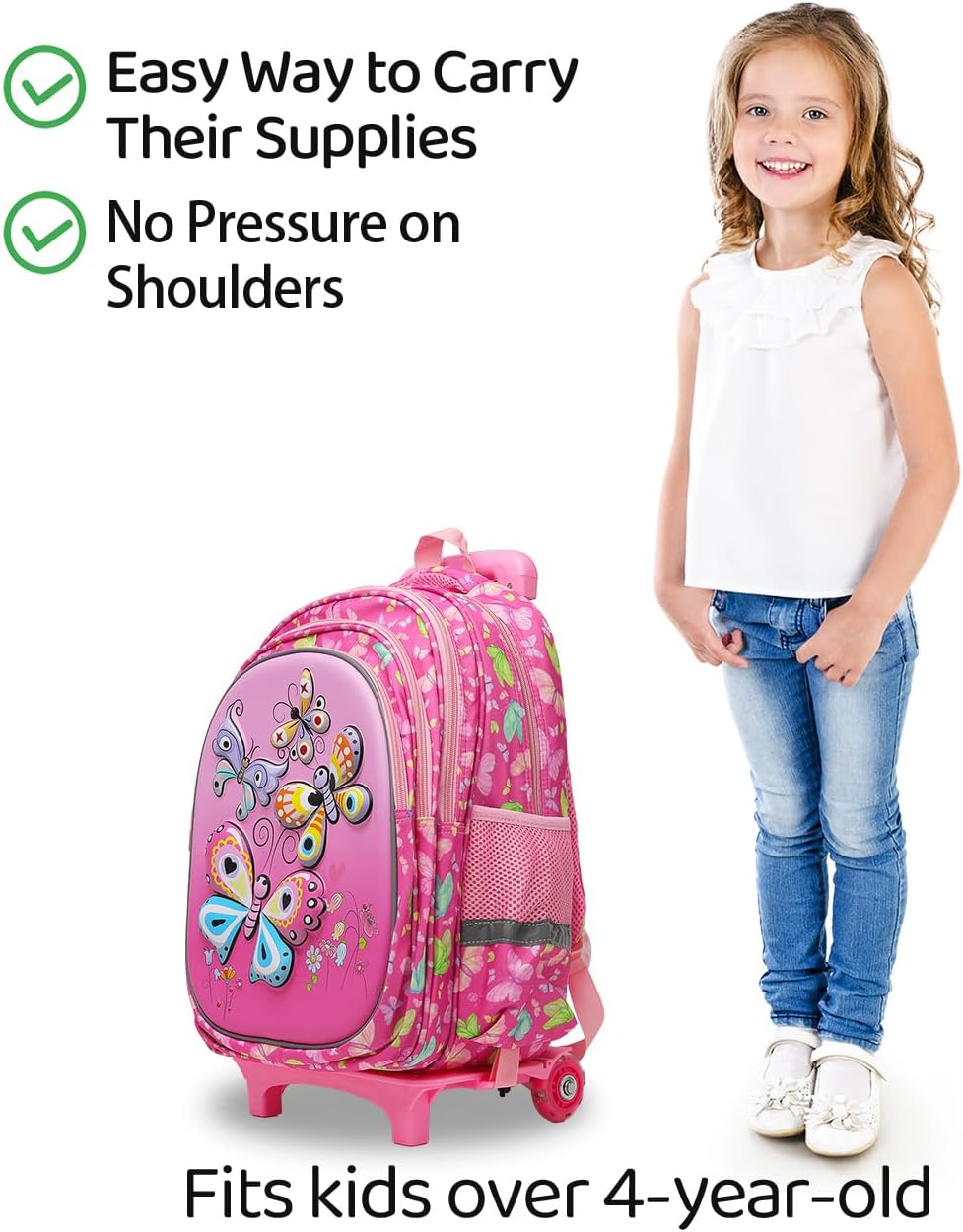 Rolling Backpack with Wheels for girls 43cm with Lunch Bag and Pencil Case, Lightweight School Bookbags for Kids