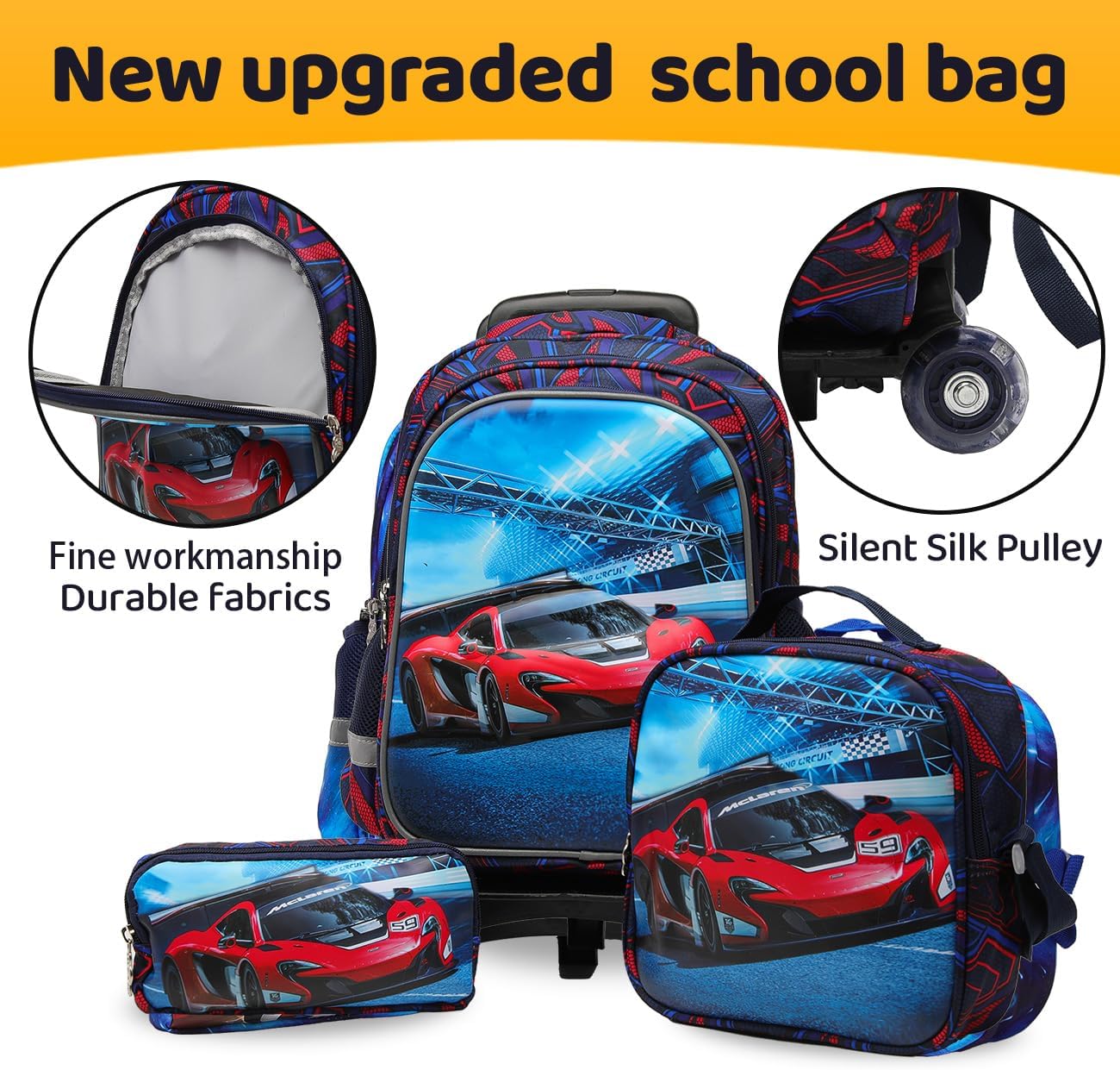 Lucky Kids Children Large Rolling School Bag Student Trolley School Bags with Lunch Bag, Pencil Box Wheeled Backpack Bag Set for Kids