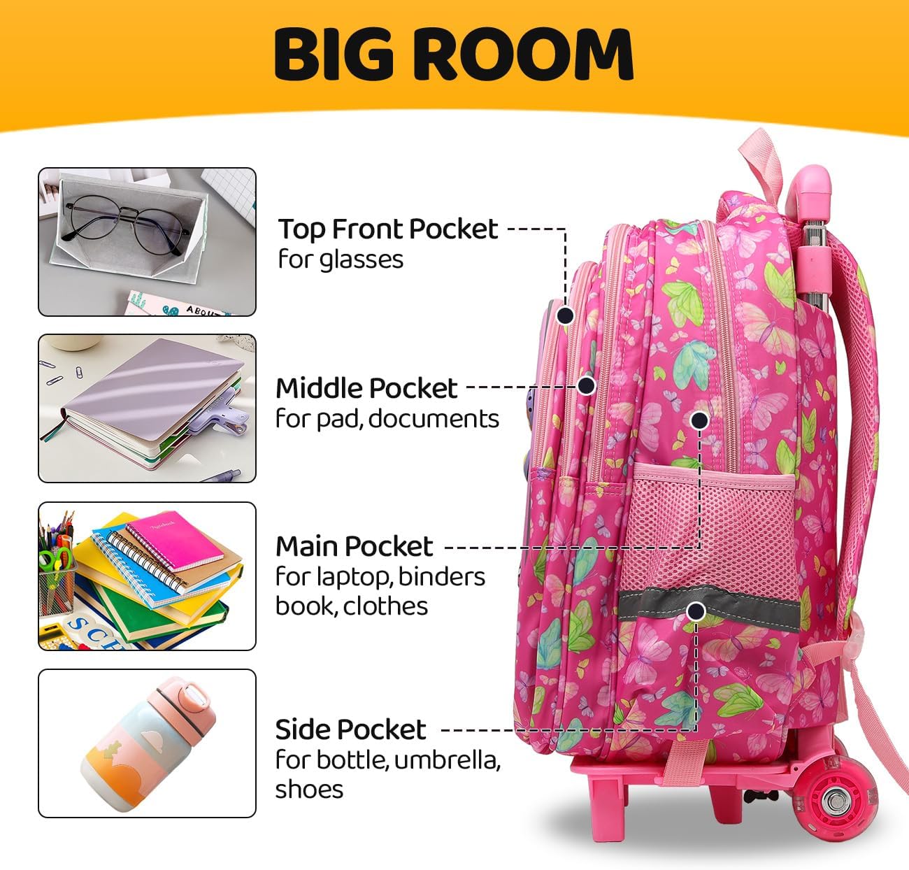 Rolling Backpack with Wheels for girls 43cm with Lunch Bag and Pencil Case, Lightweight School Bookbags for Kids