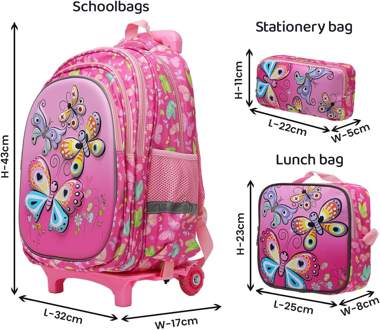 Rolling Backpack with Wheels for girls 43cm with Lunch Bag and Pencil Case, Lightweight School Bookbags for Kids