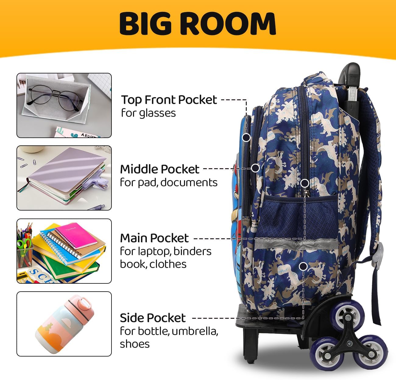 Lucky Kids Children Large Rolling School Bag Student Trolley School Bags with Lunch Bag, Pencil Box Wheeled Backpack Bag Set for Kids