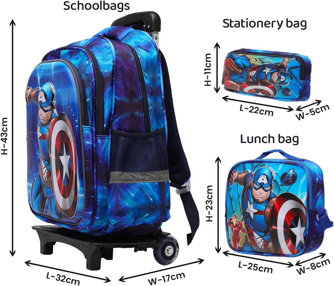 Lucky Kids Children Large Rolling School Bag Student Trolley School Bags with Lunch Bag, Pencil Box Wheeled Backpack Bag Set for Kids