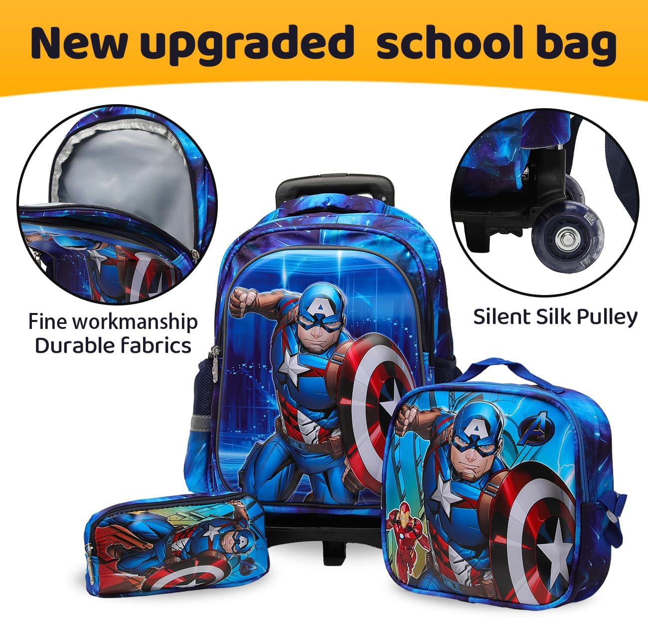Lucky Kids Children Large Rolling School Bag Student Trolley School Bags with Lunch Bag, Pencil Box Wheeled Backpack Bag Set for Kids