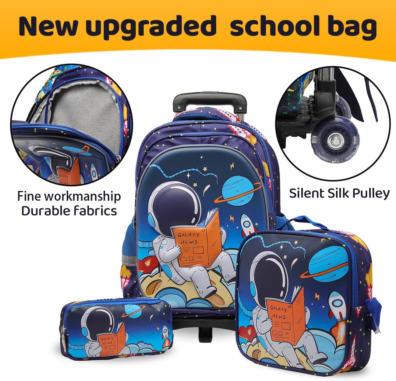 Lucky Kids Children Large Rolling School Bag Student Trolley School Bags with Lunch Bag, Pencil Box Wheeled Backpack Bag Set for Kids