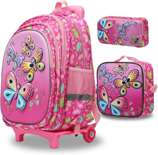 Rolling Backpack with Wheels for girls 43cm with Lunch Bag and Pencil Case, Lightweight School Bookbags for Kids
