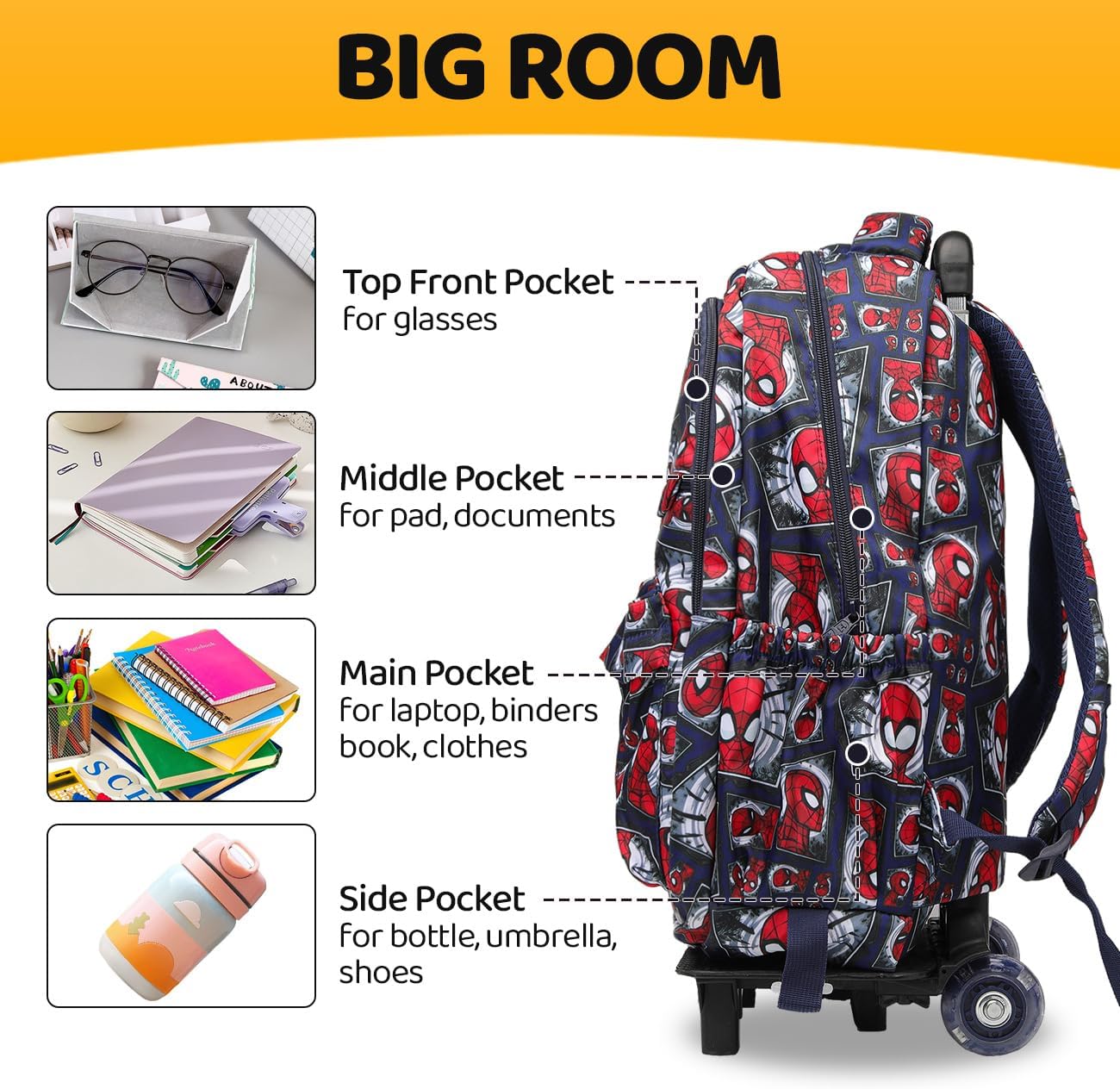 Lucky Kids Children Large Rolling School Bag Student Trolley School Bags with Lunch Bag, Pencil Box Wheeled Backpack Bag Set for Kids