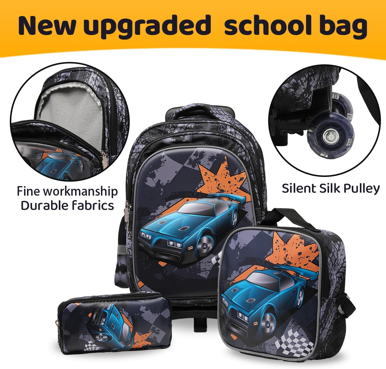 Lucky Kids Children Large Rolling School Bag Student Trolley School Bags with Lunch Bag, Pencil Box Wheeled Backpack Bag Set for Kids