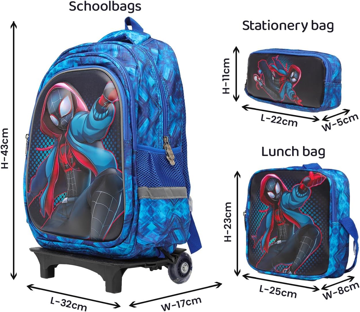 Lucky Kids Children Large Rolling School Bag Student Trolley School Bags with Lunch Bag, Pencil Box Wheeled Backpack Bag Set for Kids