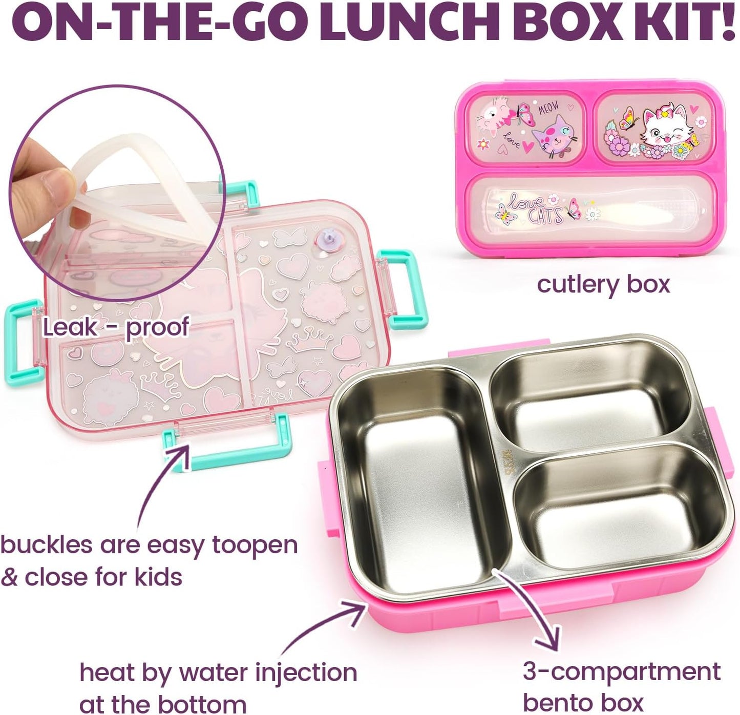 Kids Lunch Box Set with Insulated Bag, Bento Lunch Container & Utensils – Cute Cartoon Designs for Boys & Girls, Leakproof, BPA-Free, Easy to Carry School Lunch Kit