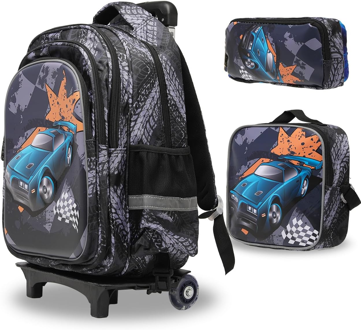 Lucky Kids Children Large Rolling School Bag Student Trolley School Bags with Lunch Bag, Pencil Box Wheeled Backpack Bag Set for Kids