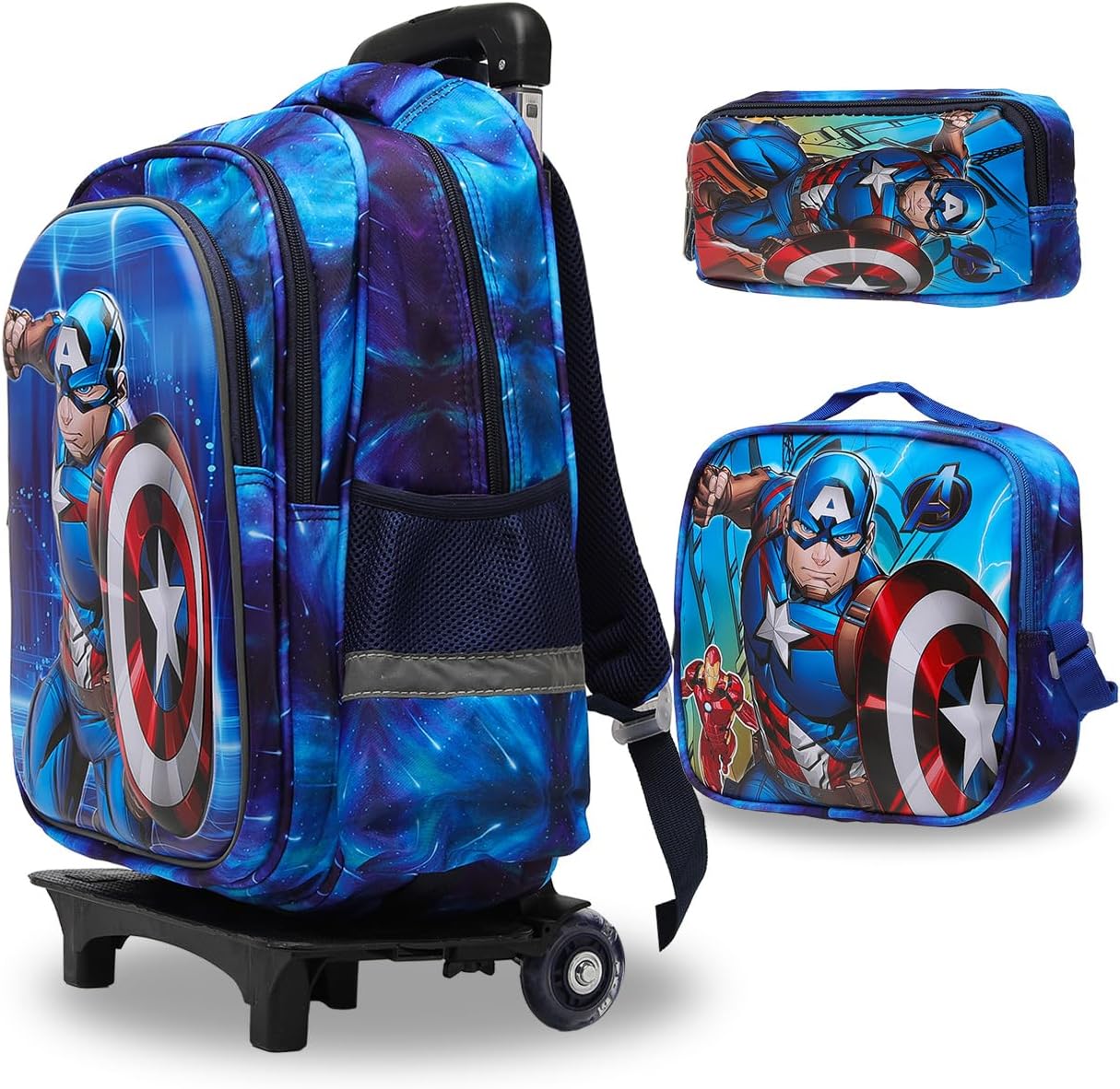 Lucky Kids Children Large Rolling School Bag Student Trolley School Bags with Lunch Bag, Pencil Box Wheeled Backpack Bag Set for Kids