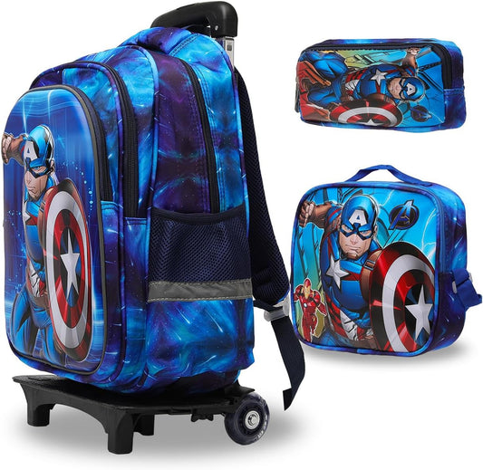 Lucky Kids Children Large Rolling School Bag Student Trolley School Bags with Lunch Bag, Pencil Box Wheeled Backpack Bag Set for Kids