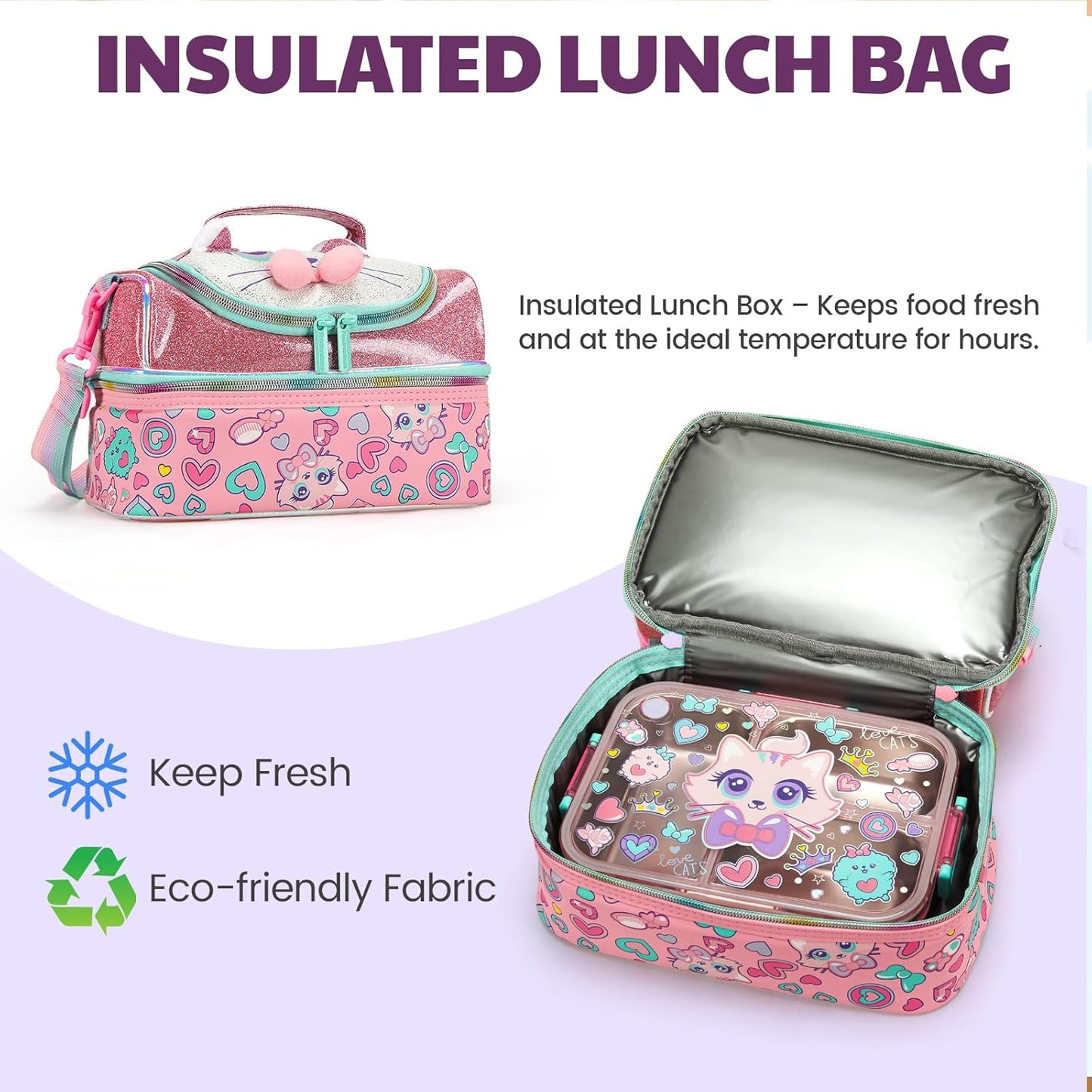 Kids Lunch Box Set with Insulated Bag, Bento Lunch Container & Utensils – Cute Cartoon Designs for Boys & Girls, Leakproof, BPA-Free, Easy to Carry School Lunch Kit