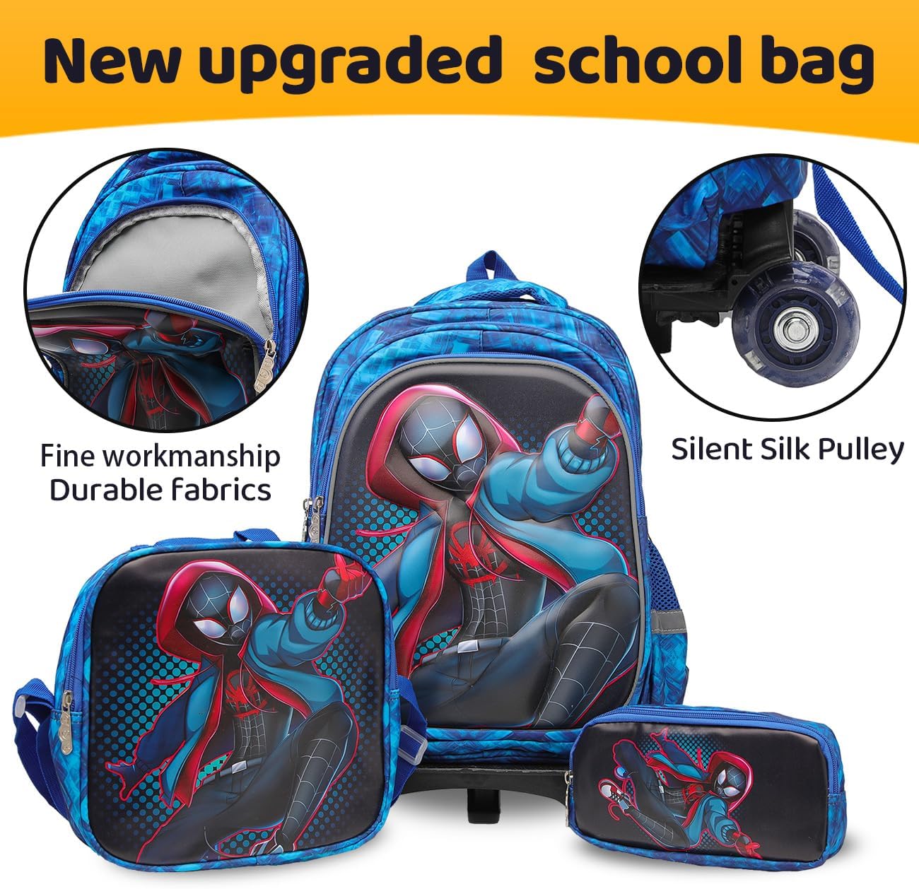Lucky Kids Children Large Rolling School Bag Student Trolley School Bags with Lunch Bag, Pencil Box Wheeled Backpack Bag Set for Kids