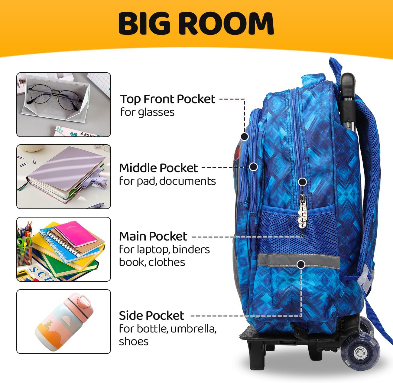 Lucky Kids Children Large Rolling School Bag Student Trolley School Bags with Lunch Bag, Pencil Box Wheeled Backpack Bag Set for Kids