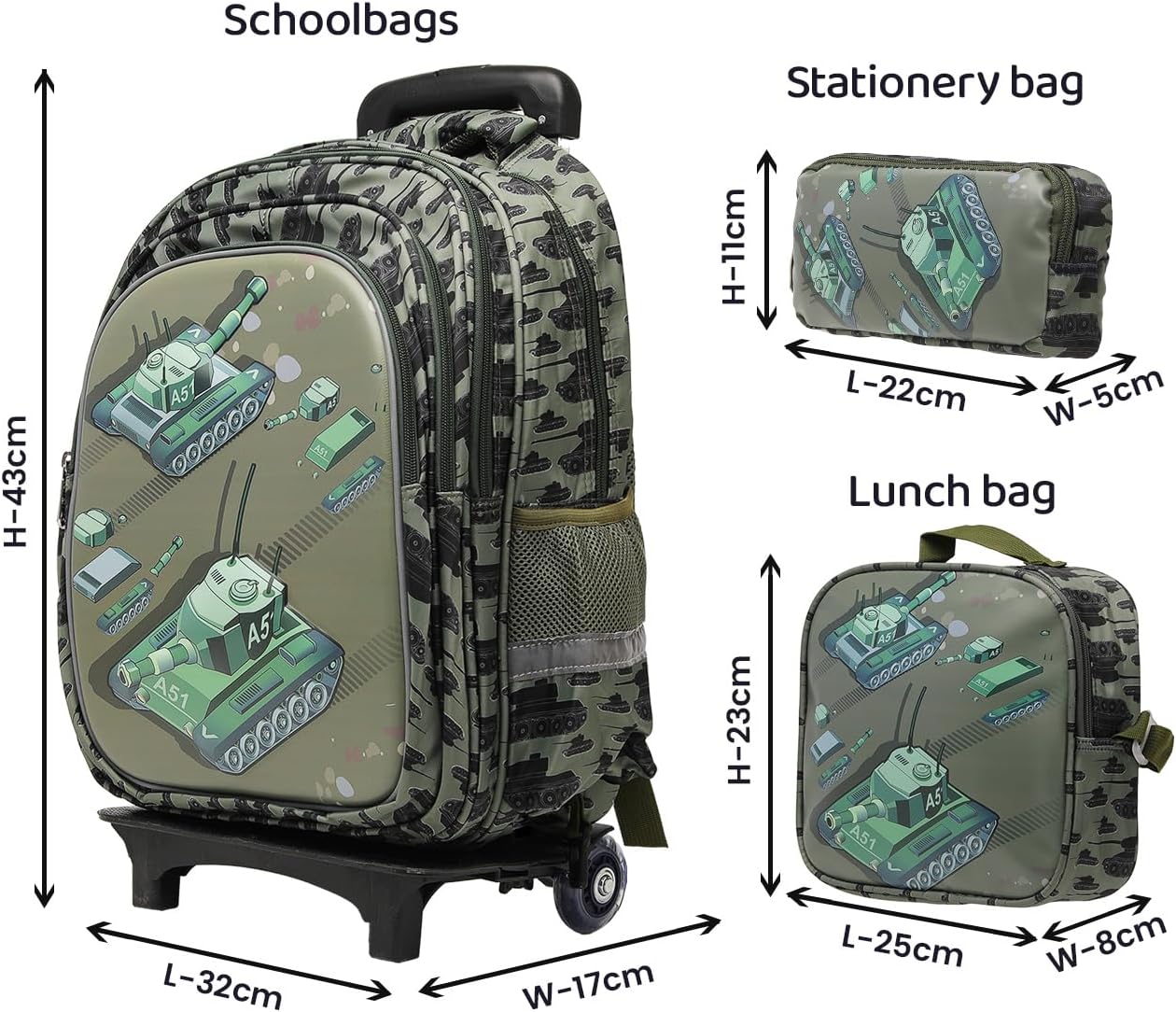 Lucky Kids Children Large Rolling School Bag Student Trolley School Bags with Lunch Bag, Pencil Box Wheeled Backpack Bag Set for Kids