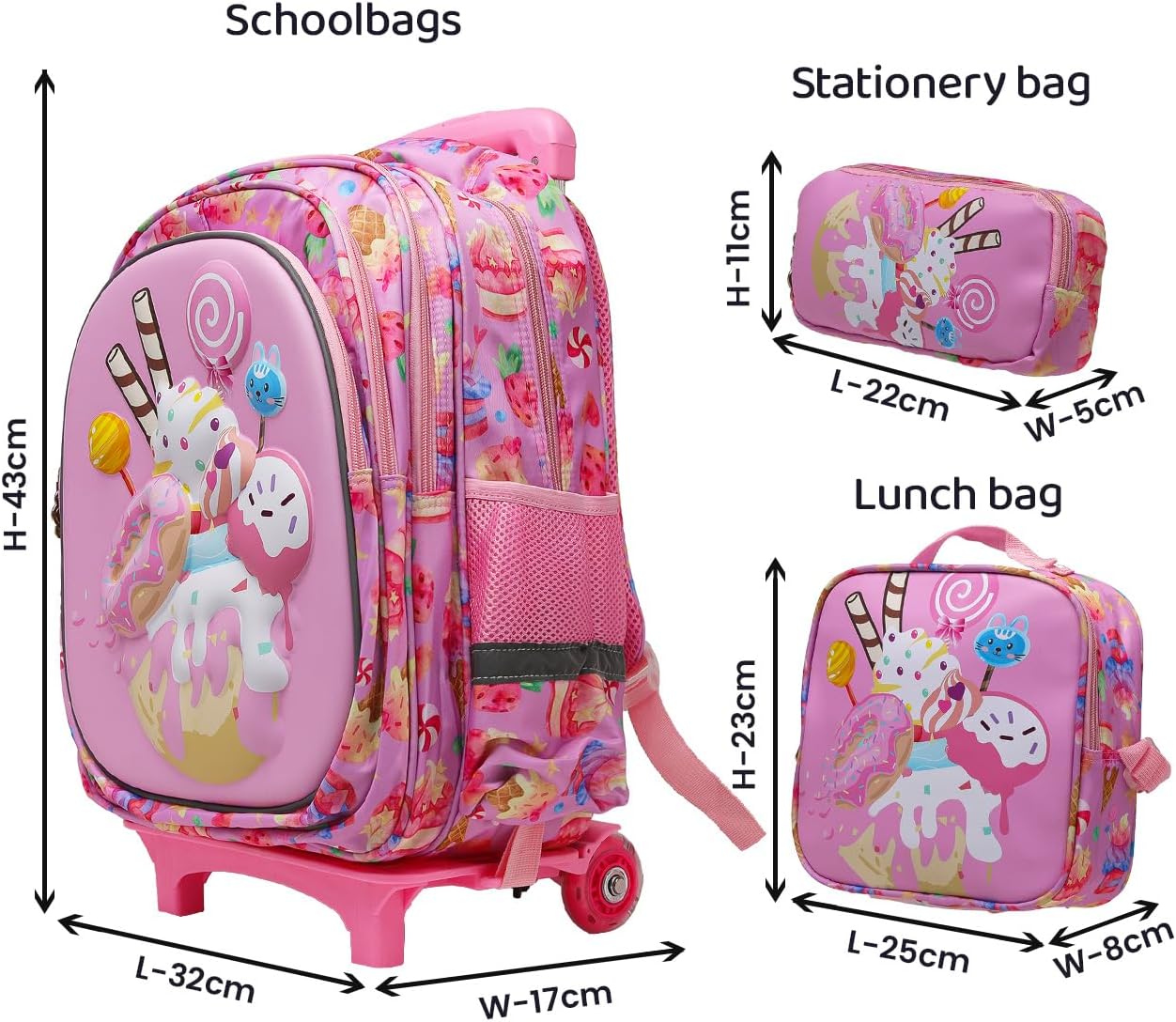 Rolling Backpack with Wheels for girls 43cm with Lunch Bag and Pencil Case, Lightweight School Bookbags for Kids