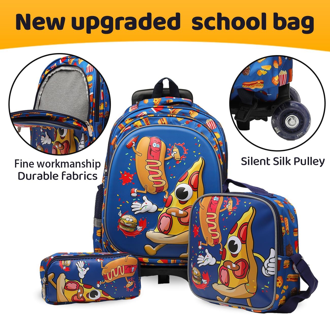 Lucky Kids Children Large Rolling School Bag Student Trolley School Bags with Lunch Bag, Pencil Box Wheeled Backpack Bag Set for Kids