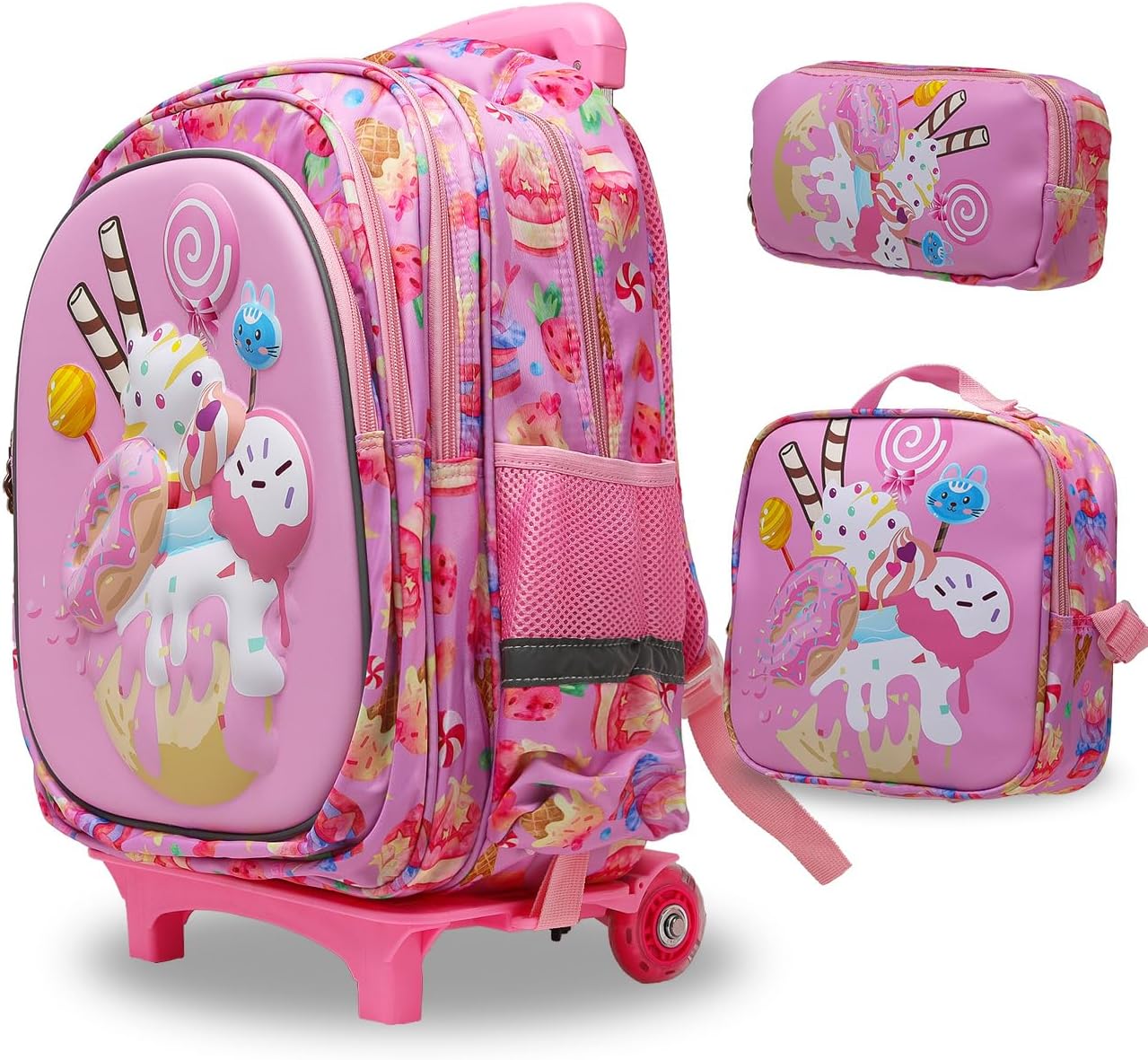 Rolling Backpack with Wheels for girls 43cm with Lunch Bag and Pencil Case, Lightweight School Bookbags for Kids