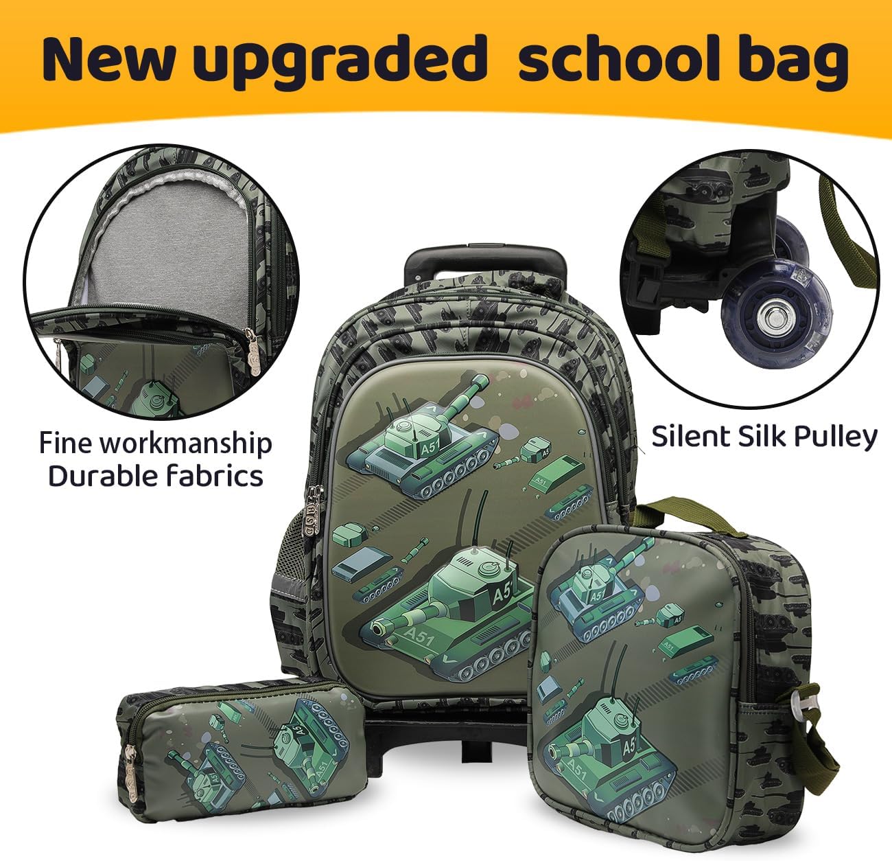 Lucky Kids Children Large Rolling School Bag Student Trolley School Bags with Lunch Bag, Pencil Box Wheeled Backpack Bag Set for Kids