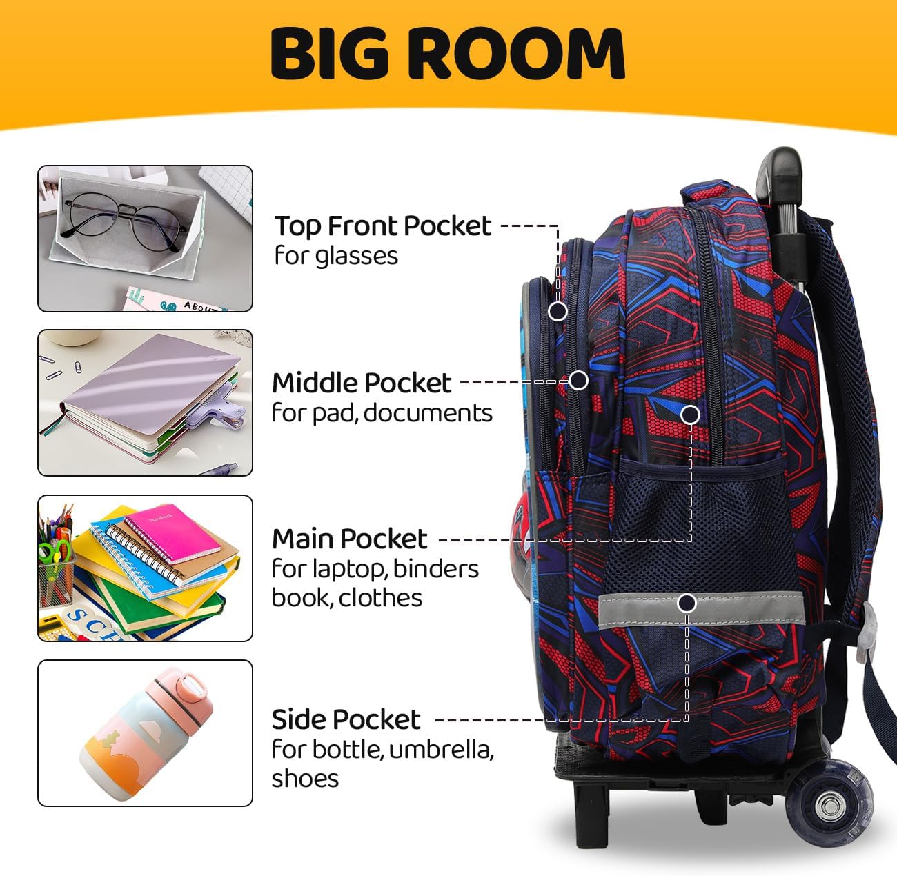 Lucky Kids Children Large Rolling School Bag Student Trolley School Bags with Lunch Bag, Pencil Box Wheeled Backpack Bag Set for Kids