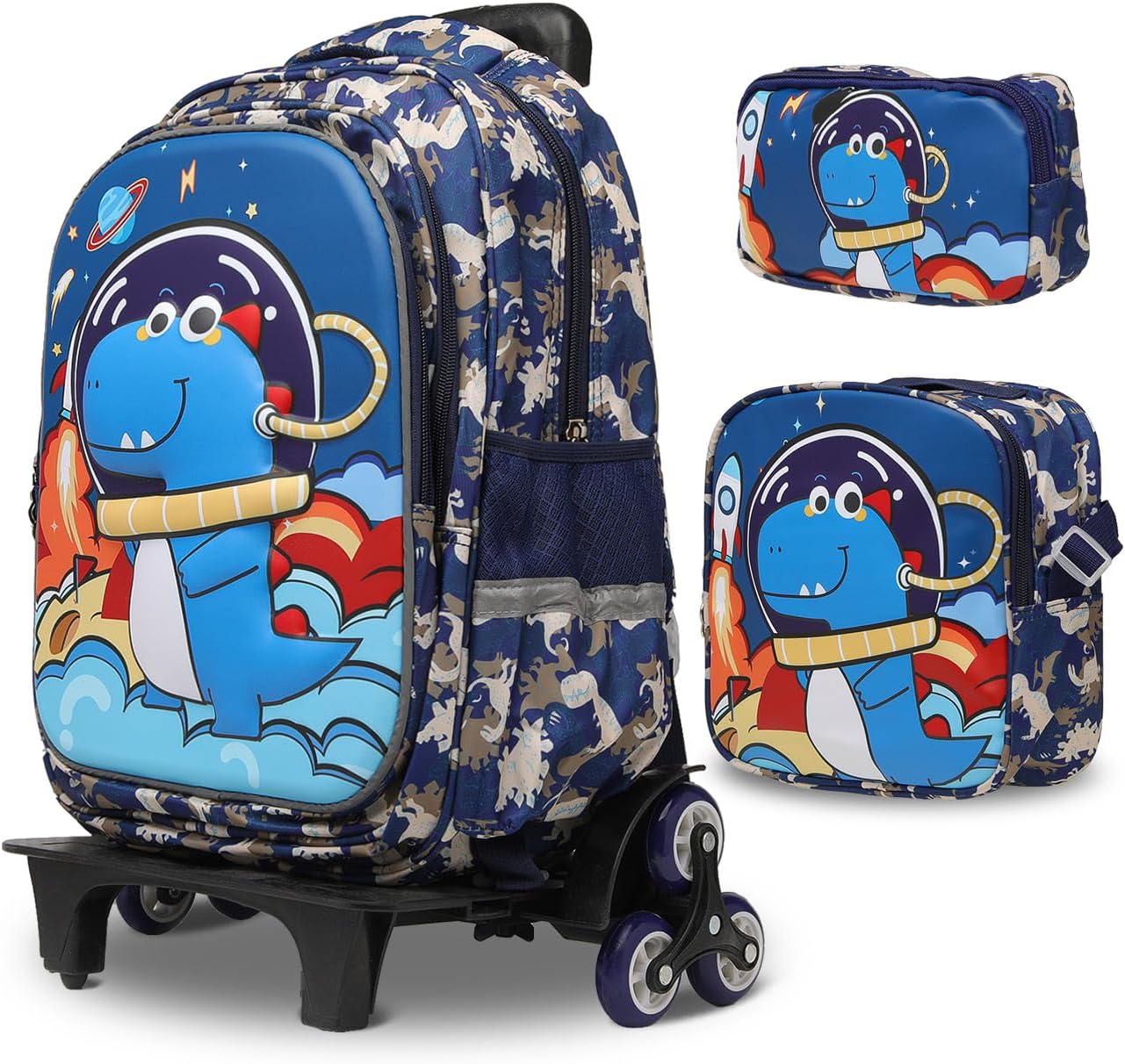 Lucky Kids Children Large Rolling School Bag Student Trolley School Bags with Lunch Bag, Pencil Box Wheeled Backpack Bag Set for Kids