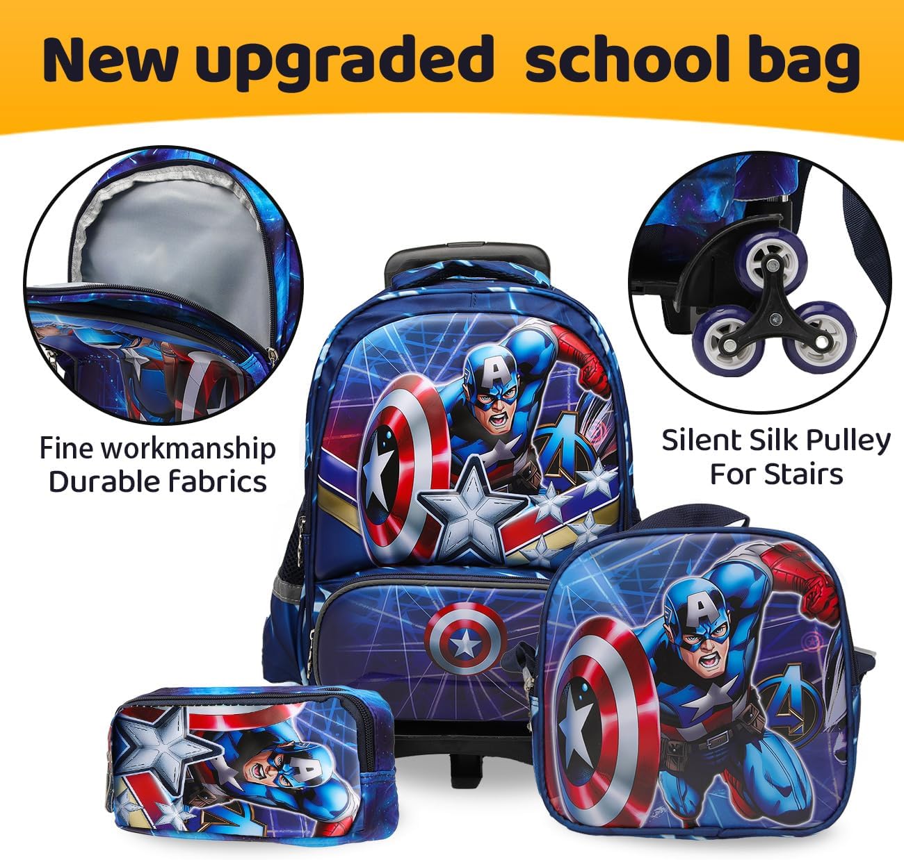 Lucky Kids Children Large Rolling School Bag Student Trolley School Bags with Lunch Bag, Pencil Box Wheeled Backpack Bag Set for Kids