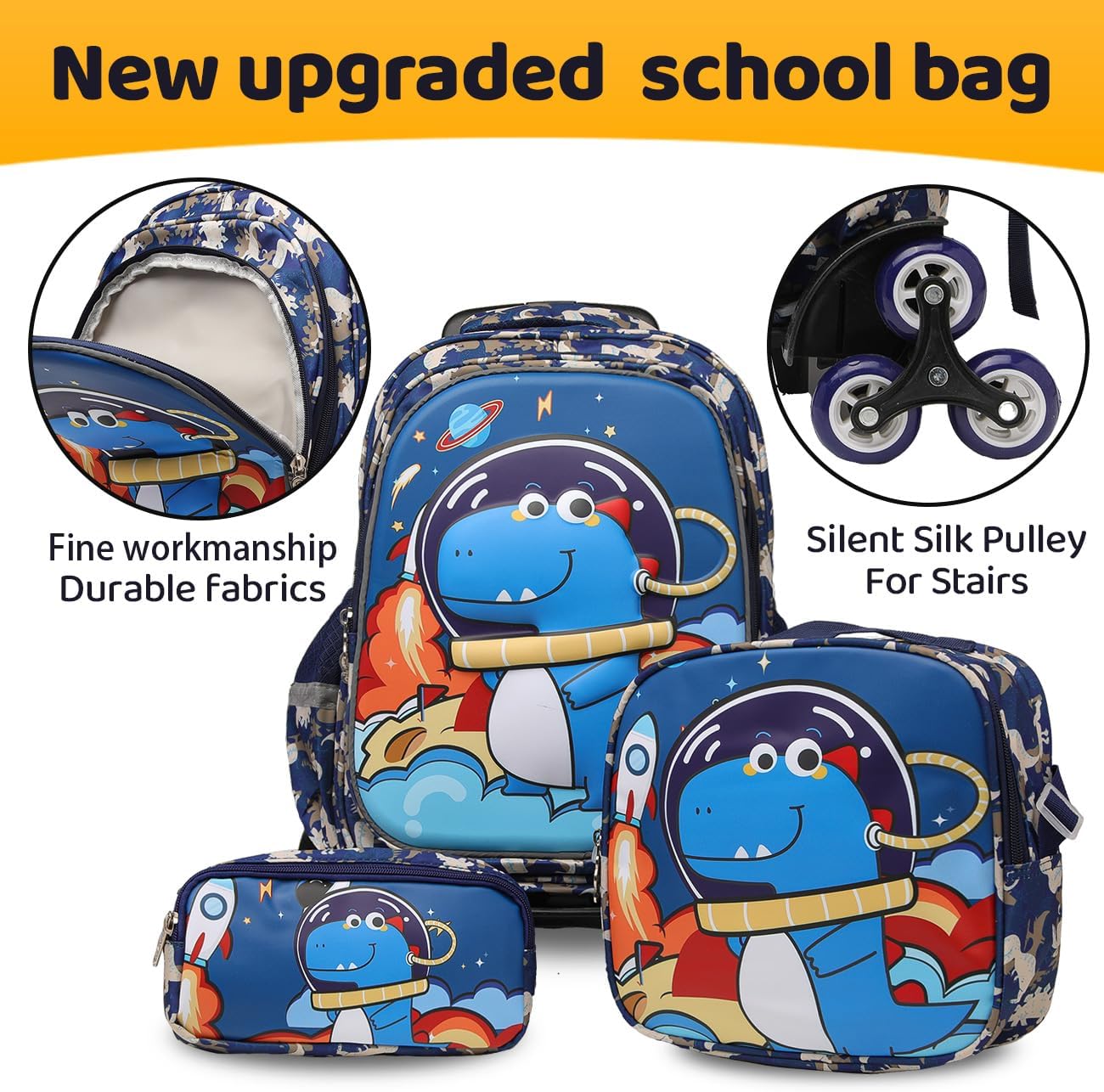 Lucky Kids Children Large Rolling School Bag Student Trolley School Bags with Lunch Bag, Pencil Box Wheeled Backpack Bag Set for Kids