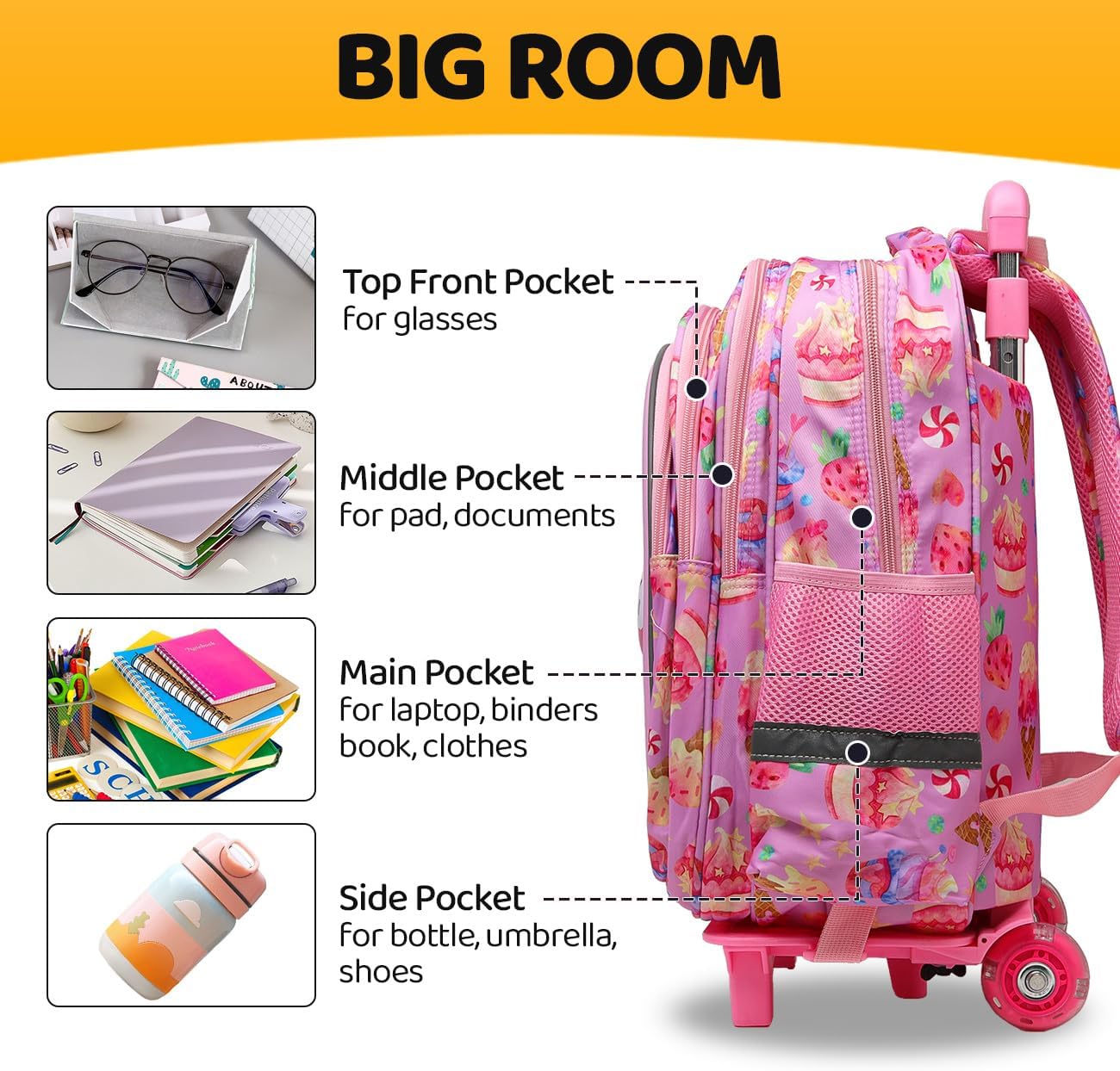 Rolling Backpack with Wheels for girls 43cm with Lunch Bag and Pencil Case, Lightweight School Bookbags for Kids