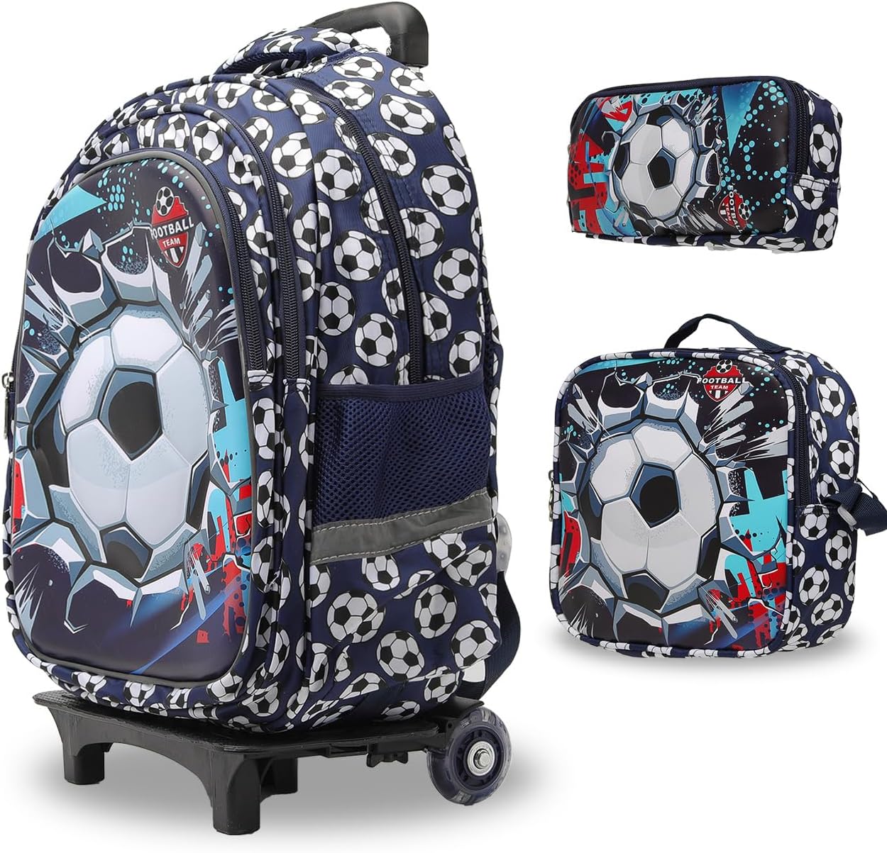 Lucky Kids Children Large Rolling School Bag Student Trolley School Bags with Lunch Bag, Pencil Box Wheeled Backpack Bag Set for Kids