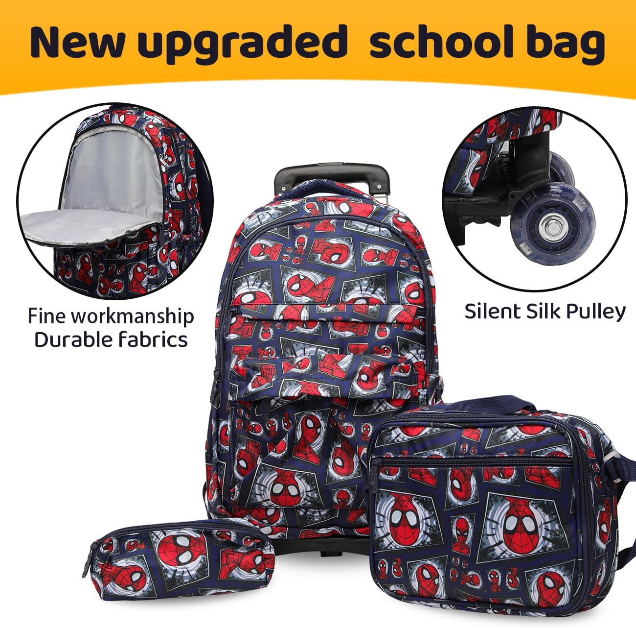 Lucky Kids Children Large Rolling School Bag Student Trolley School Bags with Lunch Bag, Pencil Box Wheeled Backpack Bag Set for Kids