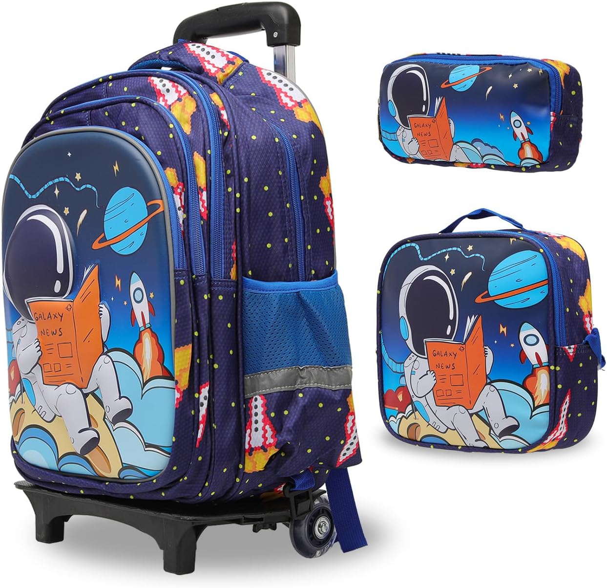 Lucky Kids Children Large Rolling School Bag Student Trolley School Bags with Lunch Bag, Pencil Box Wheeled Backpack Bag Set for Kids