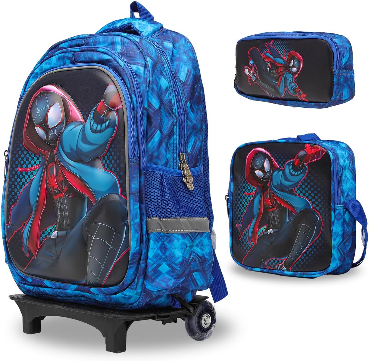 Lucky Kids Children Large Rolling School Bag Student Trolley School Bags with Lunch Bag, Pencil Box Wheeled Backpack Bag Set for Kids