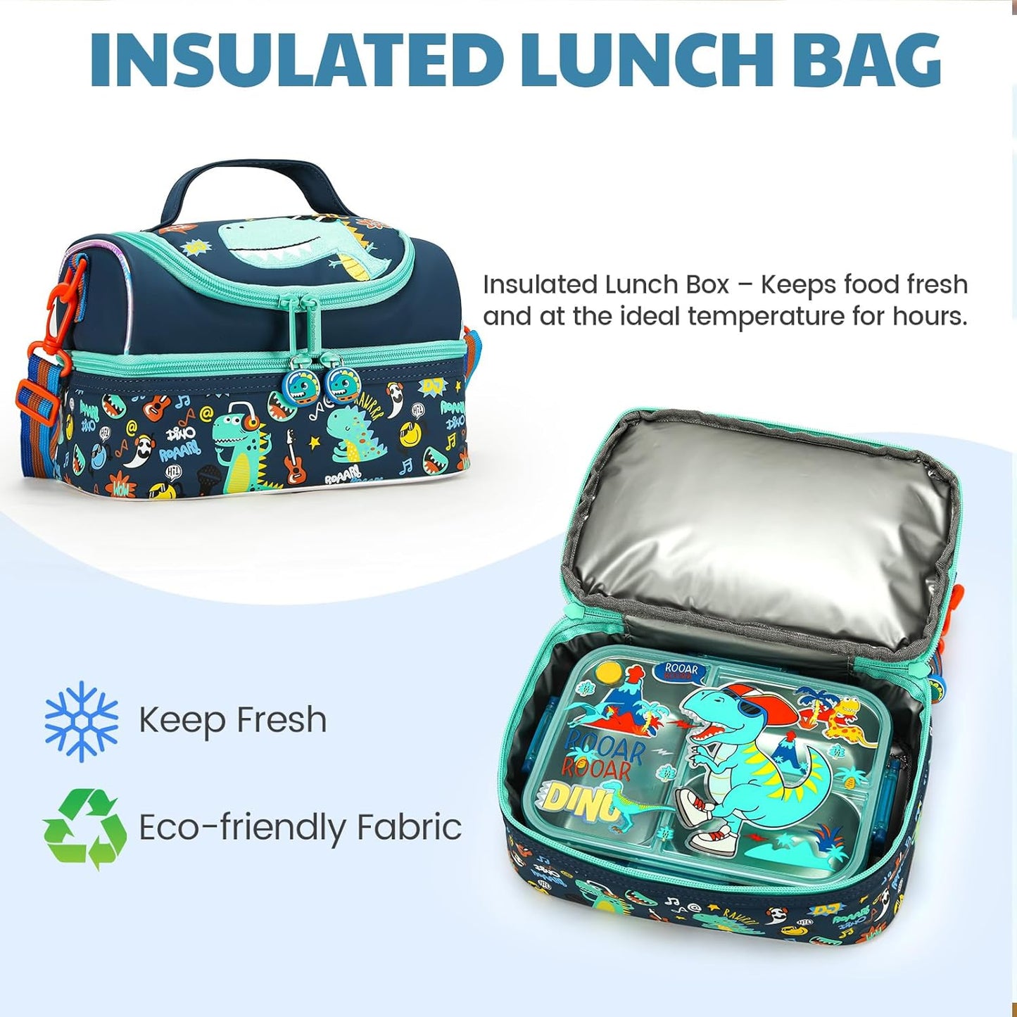 Kids Lunch Box Set with Insulated Bag, Bento Lunch Container & Utensils – Cute Cartoon Designs for Boys & Girls, Leakproof, BPA-Free, Easy to Carry School Lunch Kit