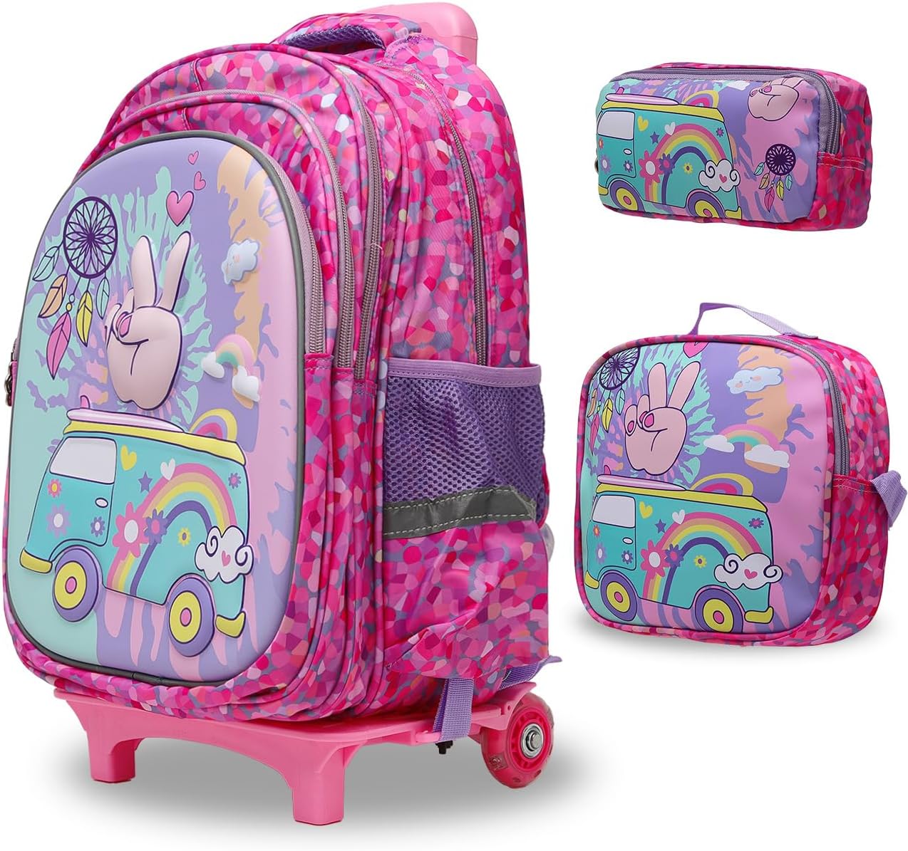 Rolling Backpack with Wheels for girls 43cm with Lunch Bag and Pencil Case, Lightweight School Bookbags for Kids