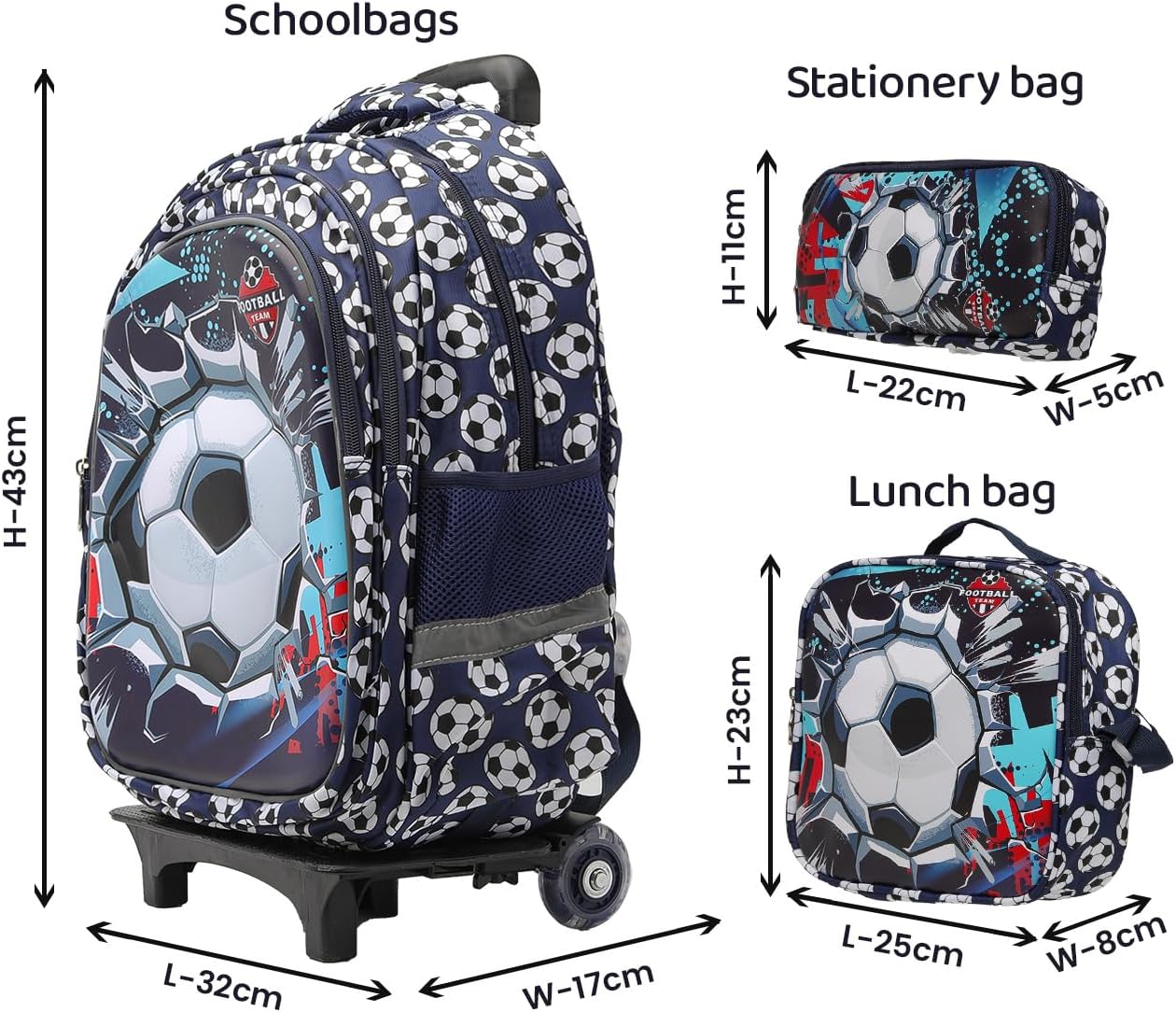 Lucky Kids Children Large Rolling School Bag Student Trolley School Bags with Lunch Bag, Pencil Box Wheeled Backpack Bag Set for Kids