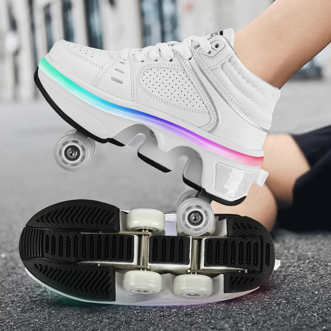 Lucky Kids Light-Up Rechargeable 2-in-1 Retractable Roller Skates Shoes Convertible Skate Sneakers for Kids & Adults