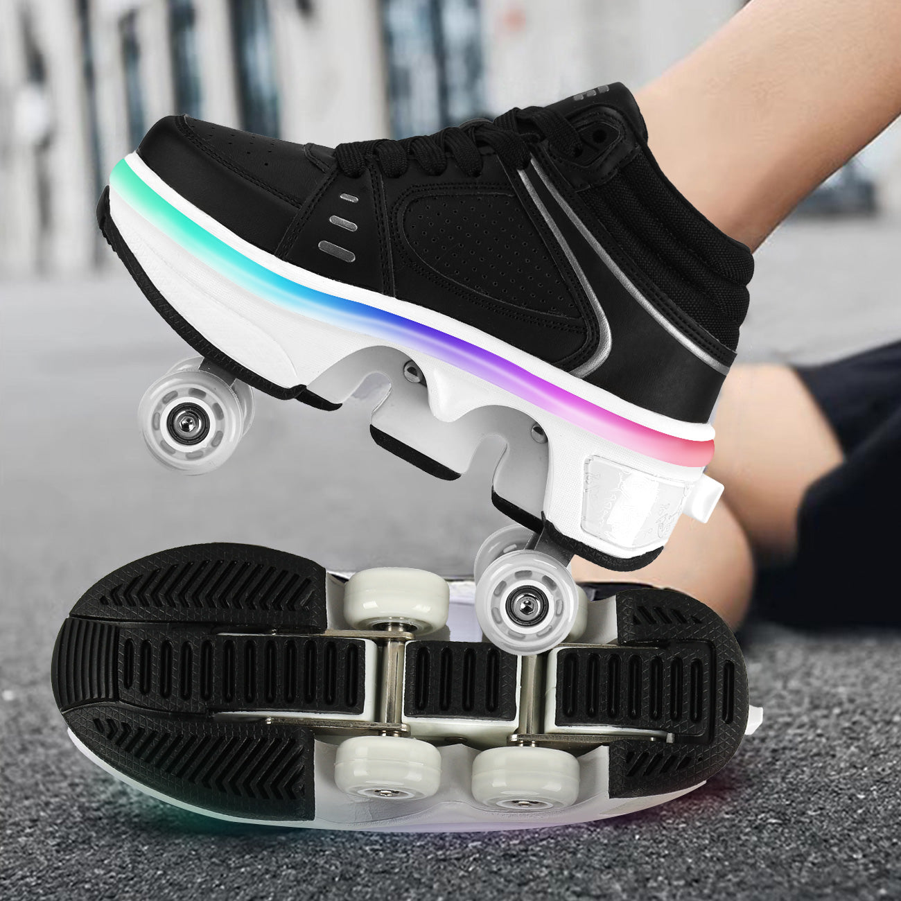 Lucky Kids Light-Up Rechargeable 2-in-1 Retractable Roller Skates Shoes Convertible Skate Sneakers for Kids & Adults