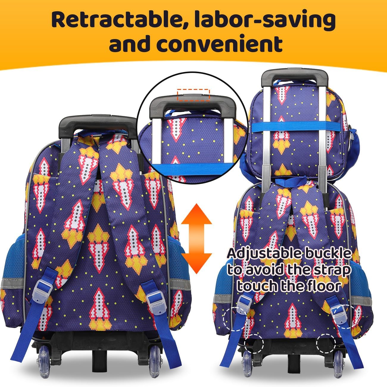 Lucky Kids Children Large Rolling School Bag Student Trolley School Bags with Lunch Bag, Pencil Box Wheeled Backpack Bag Set for Kids
