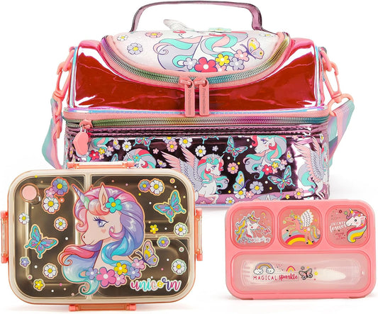 Kids Lunch Box Set with Insulated Bag, Bento Lunch Container & Utensils – Cute Cartoon Designs for Boys & Girls, Leakproof, BPA-Free, Easy to Carry School Lunch Kit